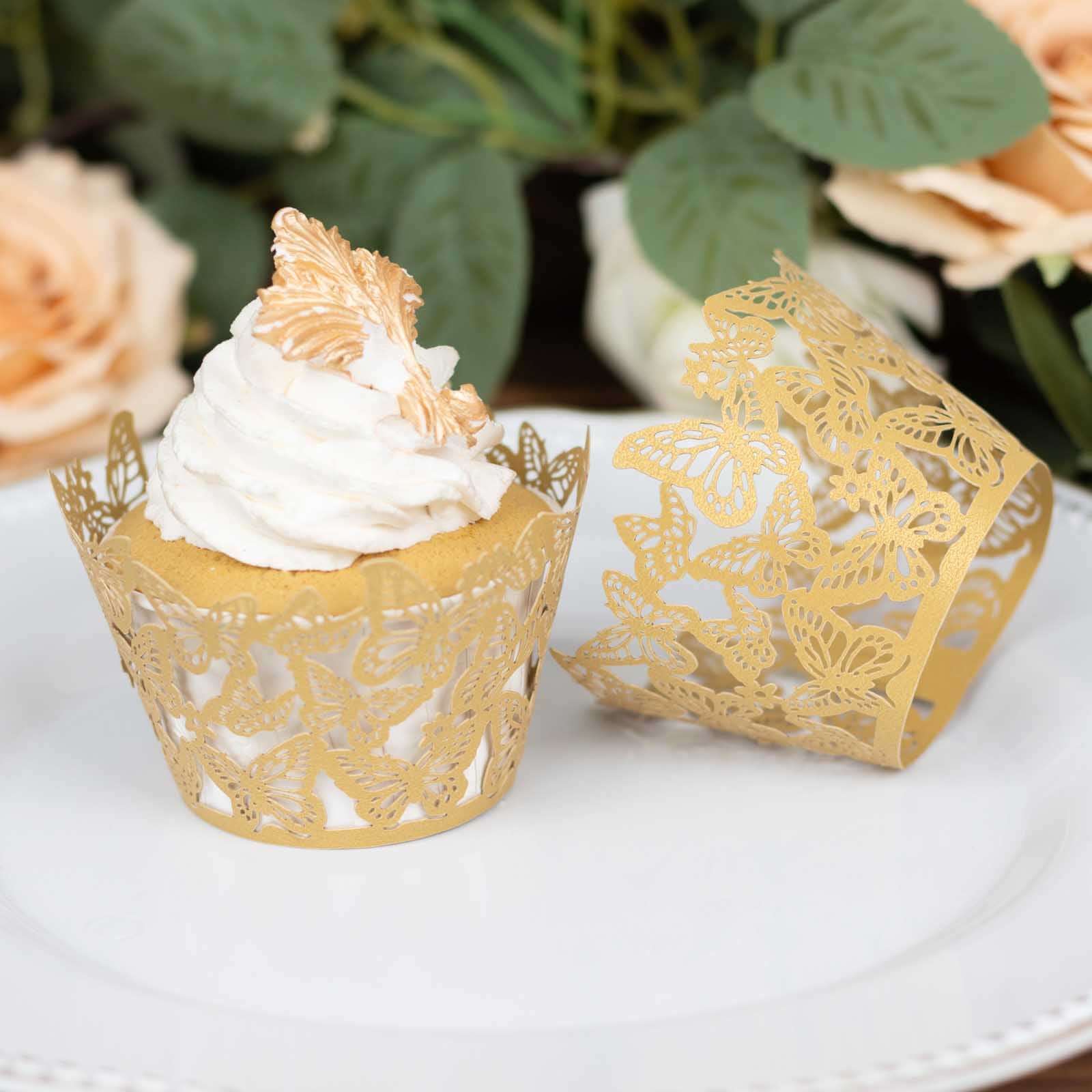 25-Pack Paper Cupcake Liners 3" Gold Butterfly Lace Pattern Design - Round Muffin Wrapper Cups - Image 6