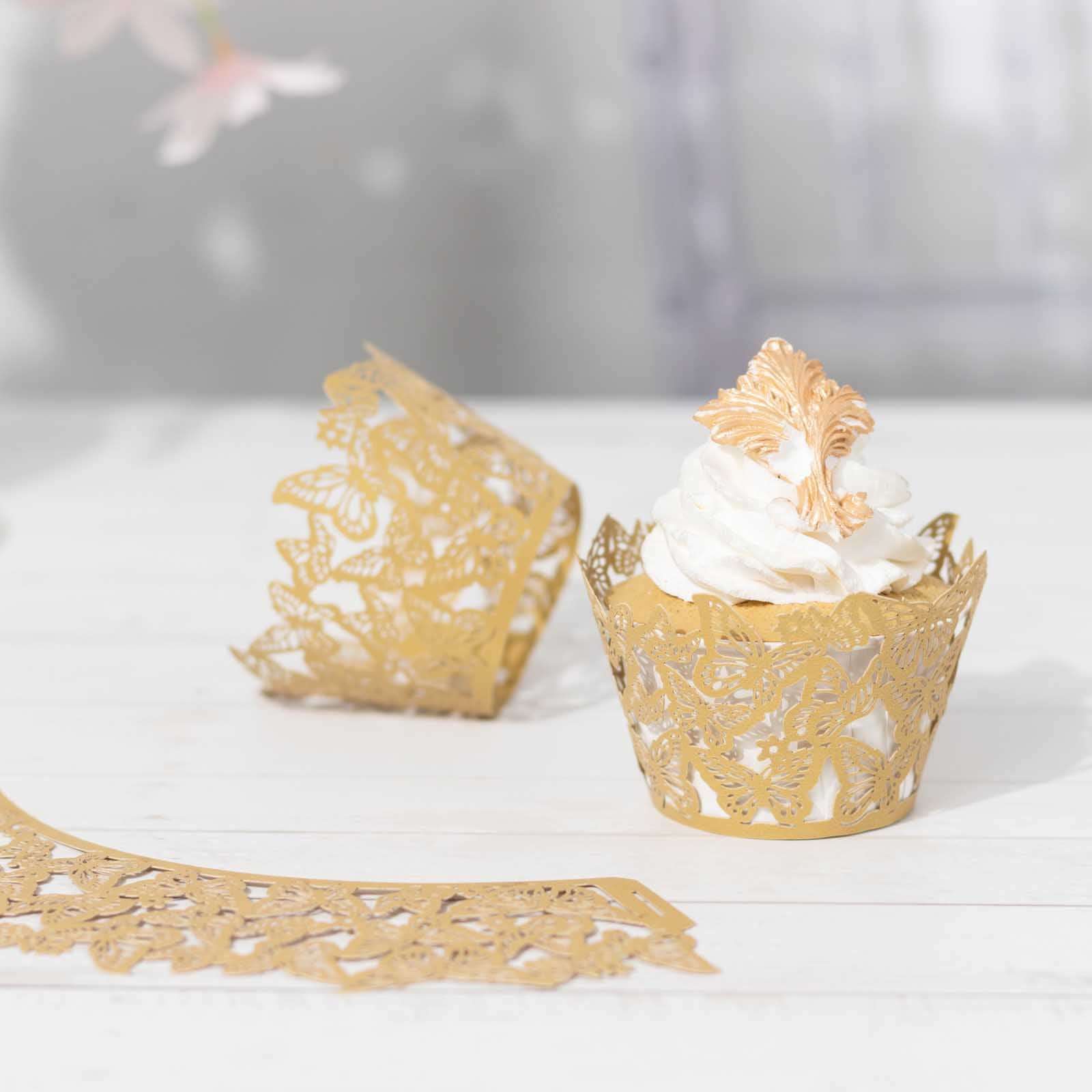 25-Pack Paper Cupcake Liners 3" Gold Butterfly Lace Pattern Design - Round Muffin Wrapper Cups - Image 8