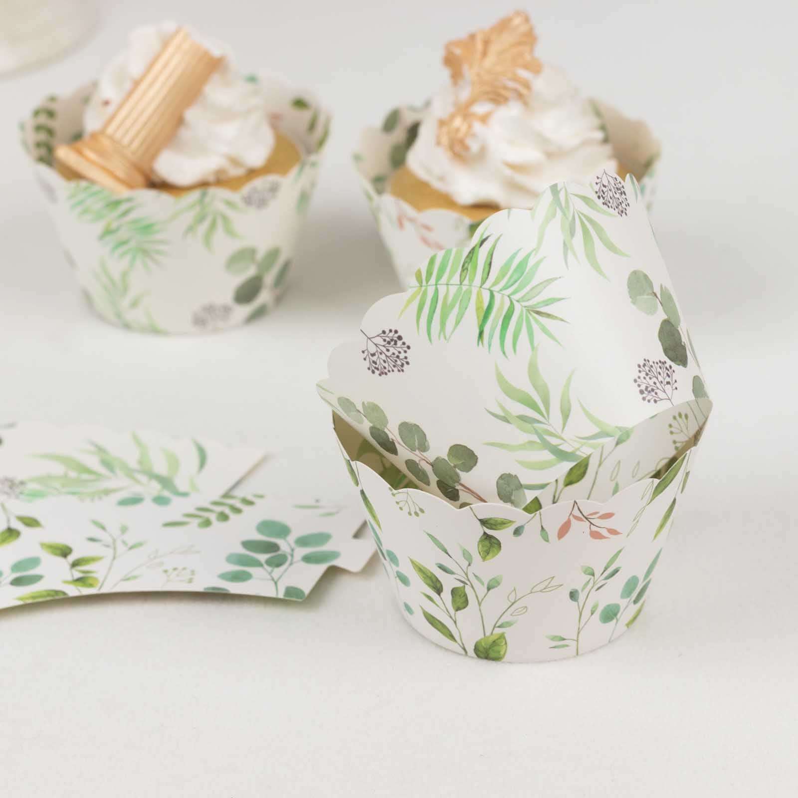 25-Pack Paper Cupcake Wrappers 3" White Green with Eucalyptus Leaves Print - Round Muffin Truffle Cup Liners - Image 9