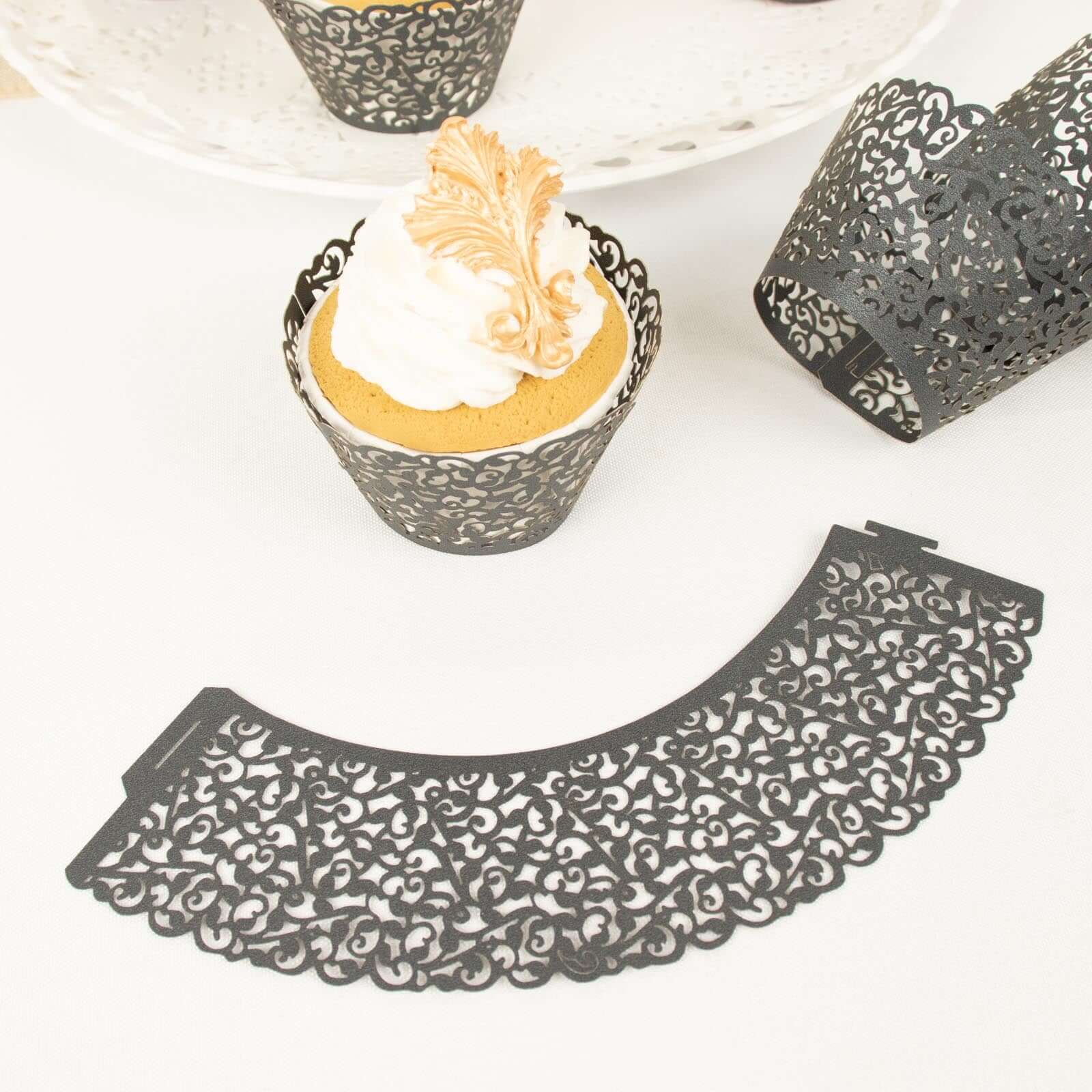 25-Pack Paper Cupcake Wrappers Black Lace Laser Cut Design - Muffin Baking Cup Trays for Events - Image 11