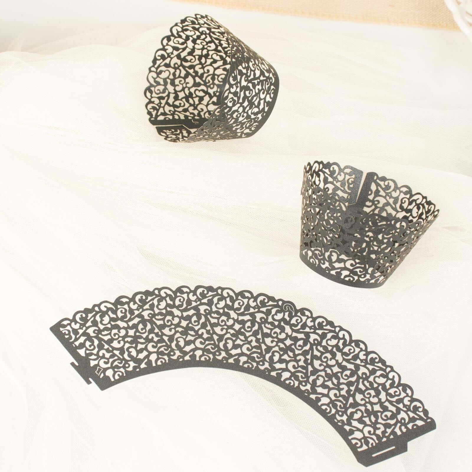 25-Pack Paper Cupcake Wrappers Black Lace Laser Cut Design - Muffin Baking Cup Trays for Events - Image 12