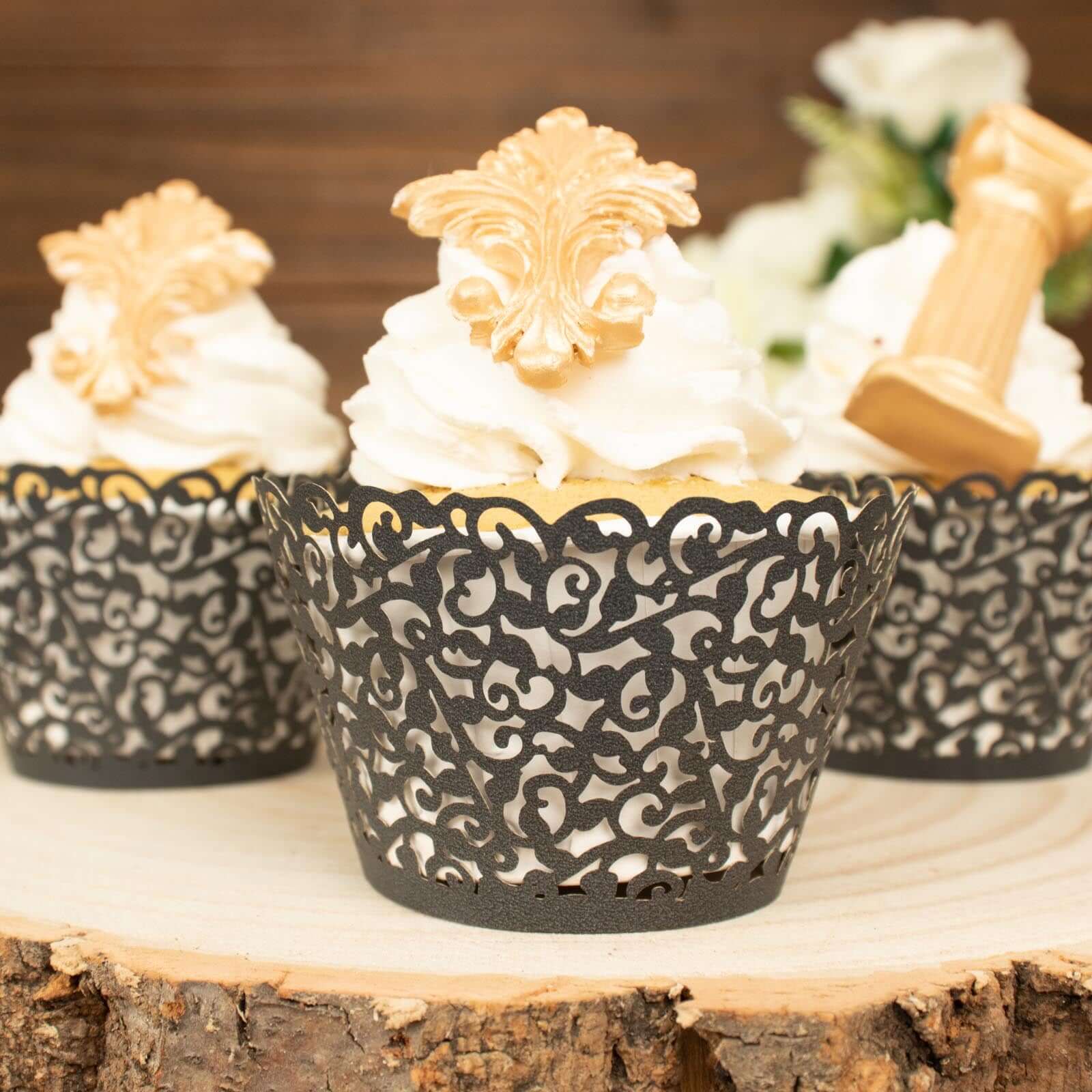 25-Pack Paper Cupcake Wrappers Black Lace Laser Cut Design - Muffin Baking Cup Trays for Events - Image 9