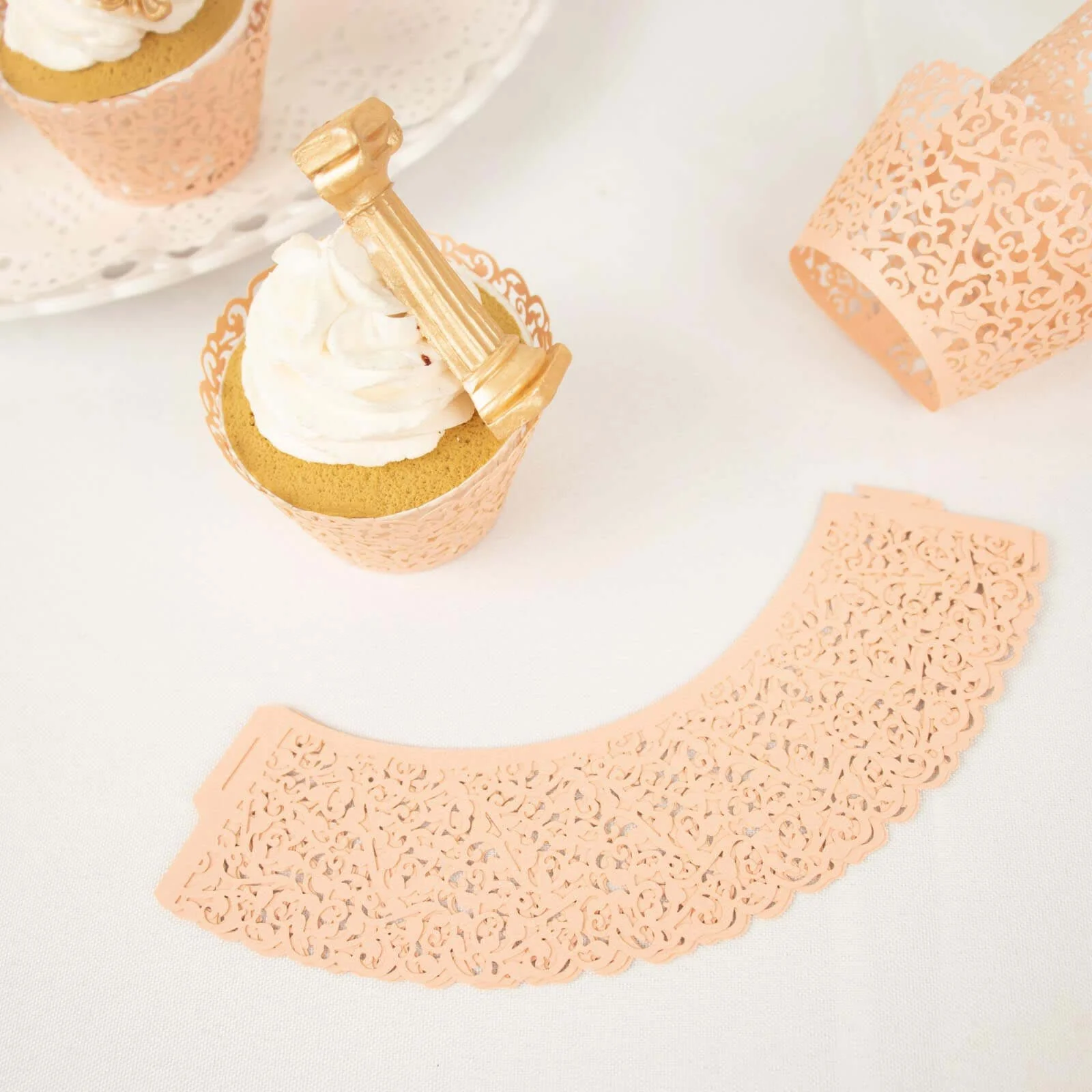 25-Pack Paper Cupcake Wrappers Blush Lace Laser Cut Design - Muffin Baking Cup Trays for Events - Image 11