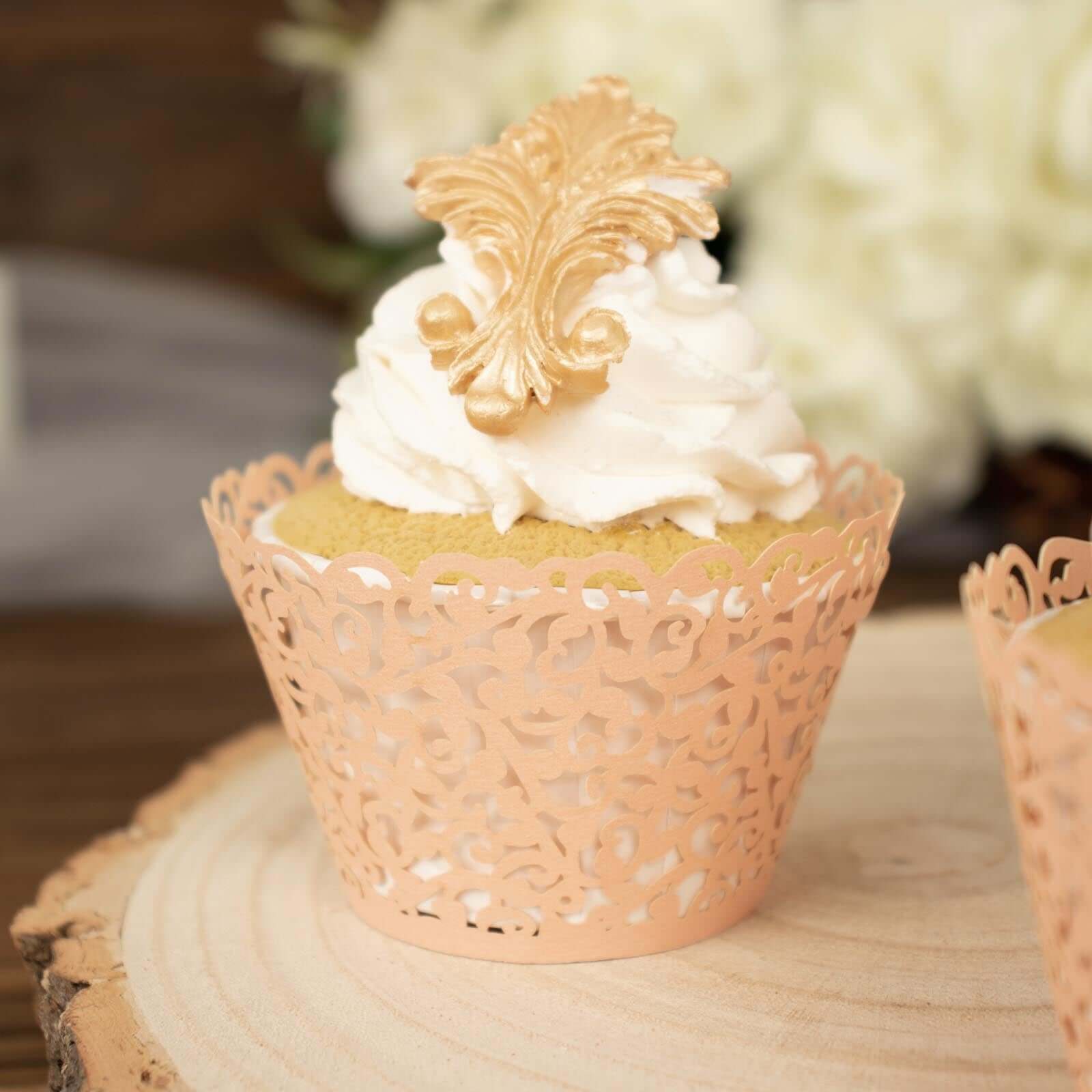 25-Pack Paper Cupcake Wrappers Blush Lace Laser Cut Design - Muffin Baking Cup Trays for Events - Image 6