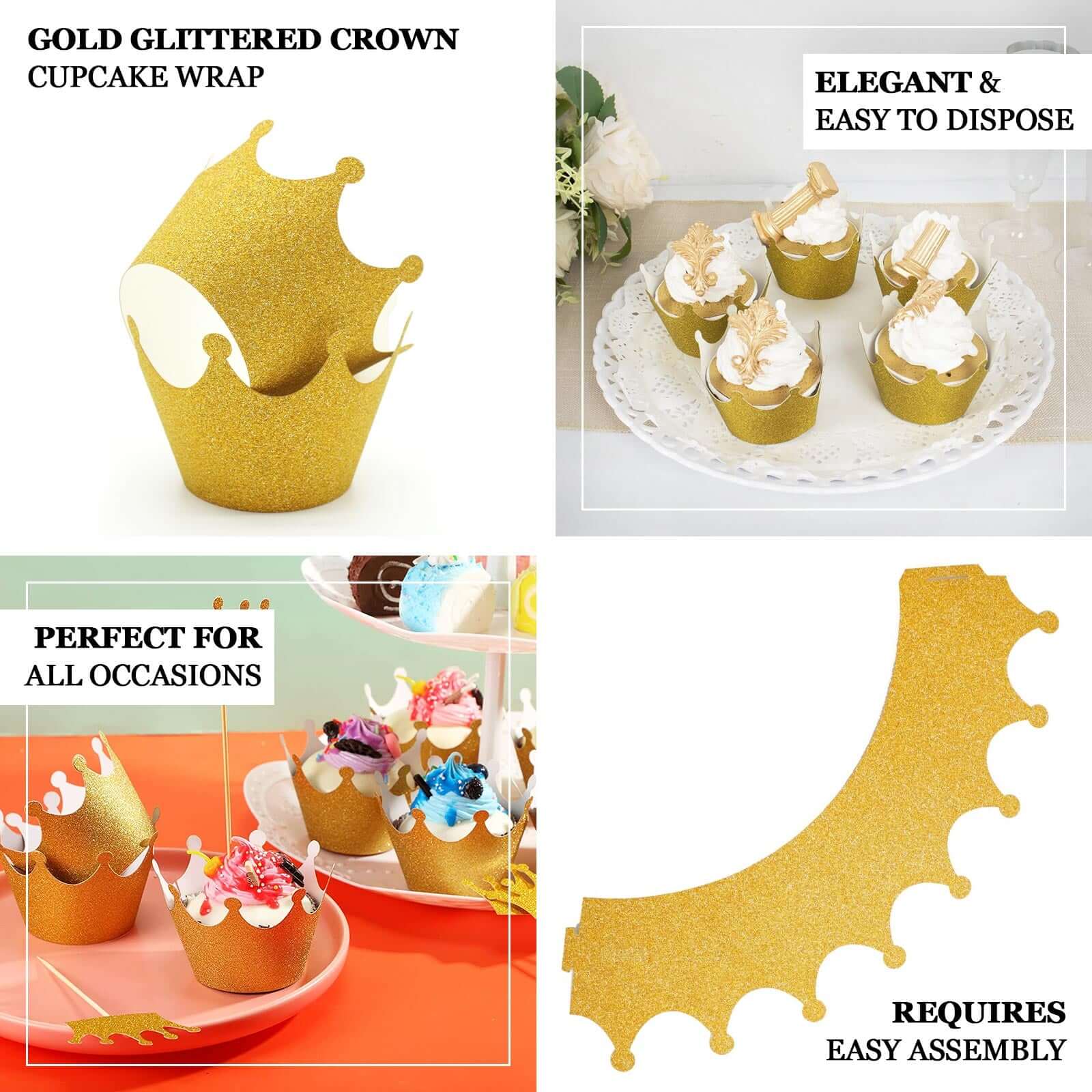 25-Pack Paper Cupcake Wrappers Gold Glitter Crown Design - Dust Free Muffin Paper Cup Liners - Image 4