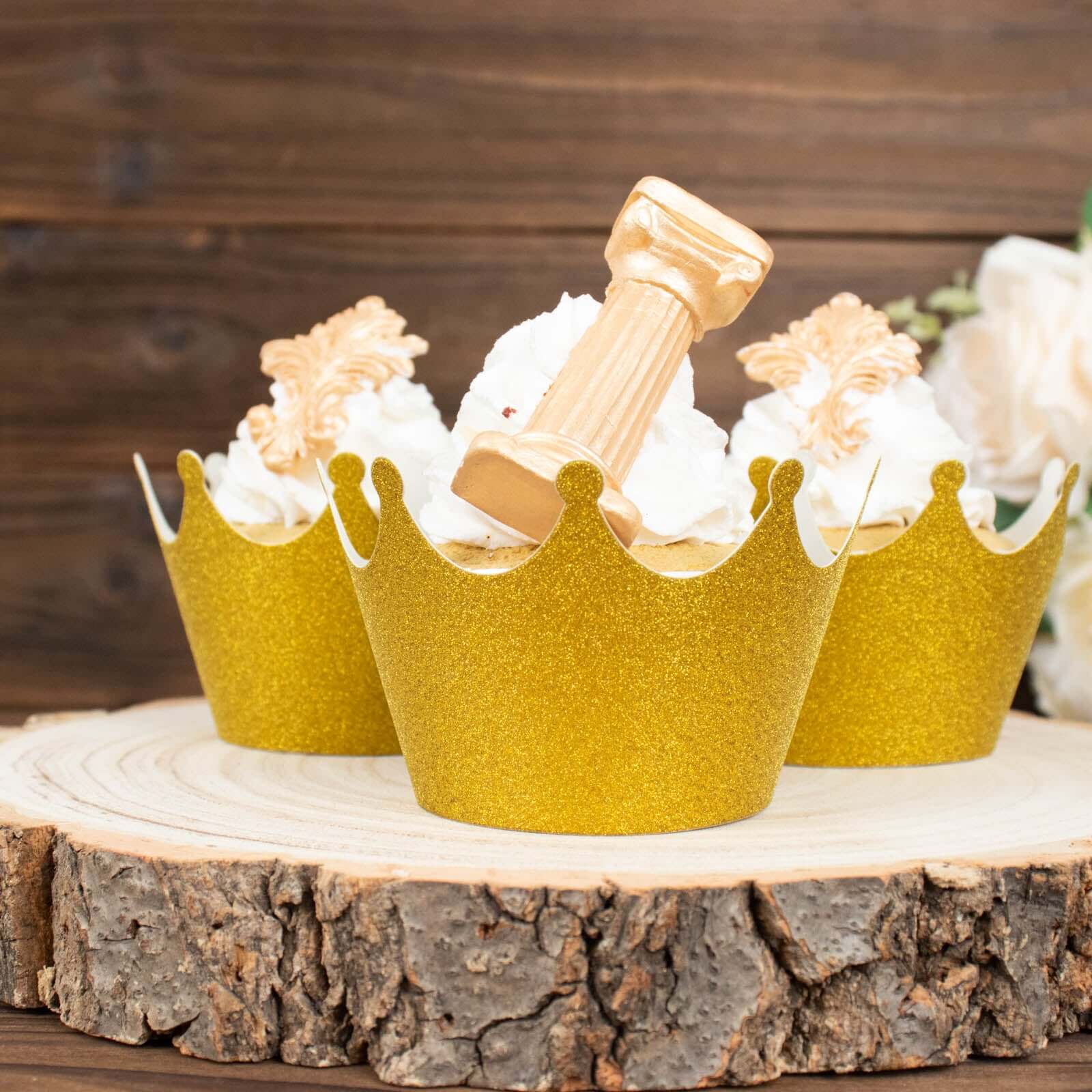 25-Pack Paper Cupcake Wrappers Gold Glitter Crown Design - Dust Free Muffin Paper Cup Liners - Image 6