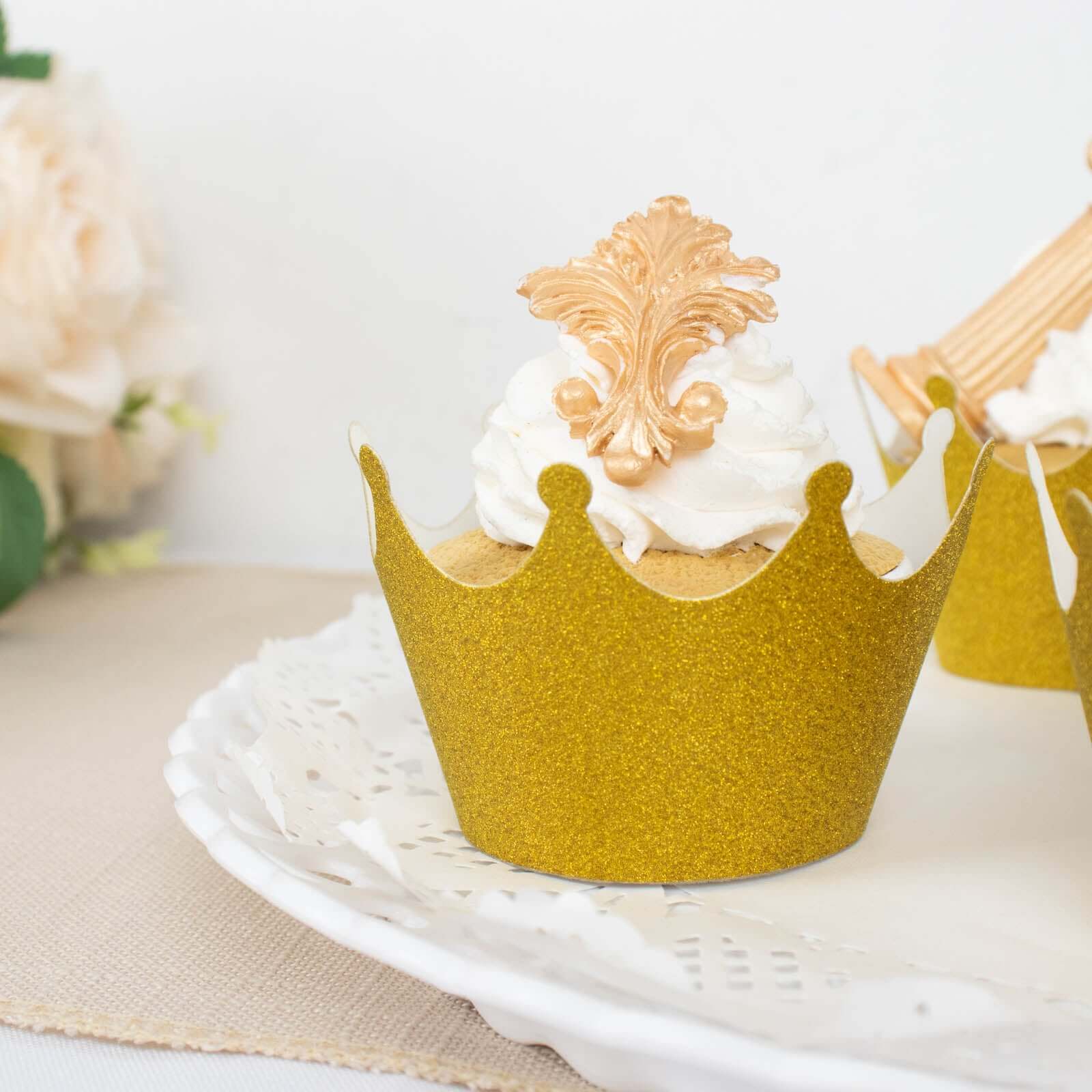 25-Pack Paper Cupcake Wrappers Gold Glitter Crown Design - Dust Free Muffin Paper Cup Liners - Image 9