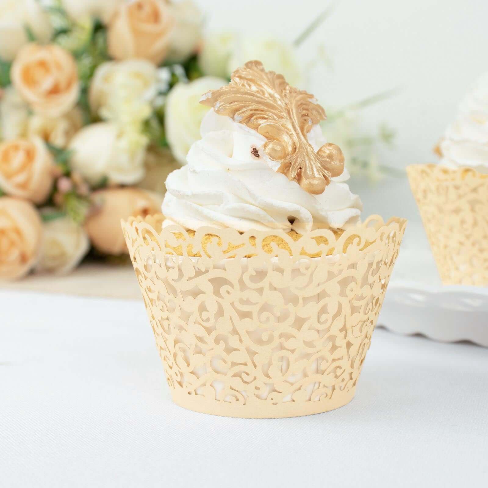 25-Pack Paper Cupcake Wrappers Ivory Lace Laser Cut Design - Muffin Baking Cup Trays for Events - Image 8