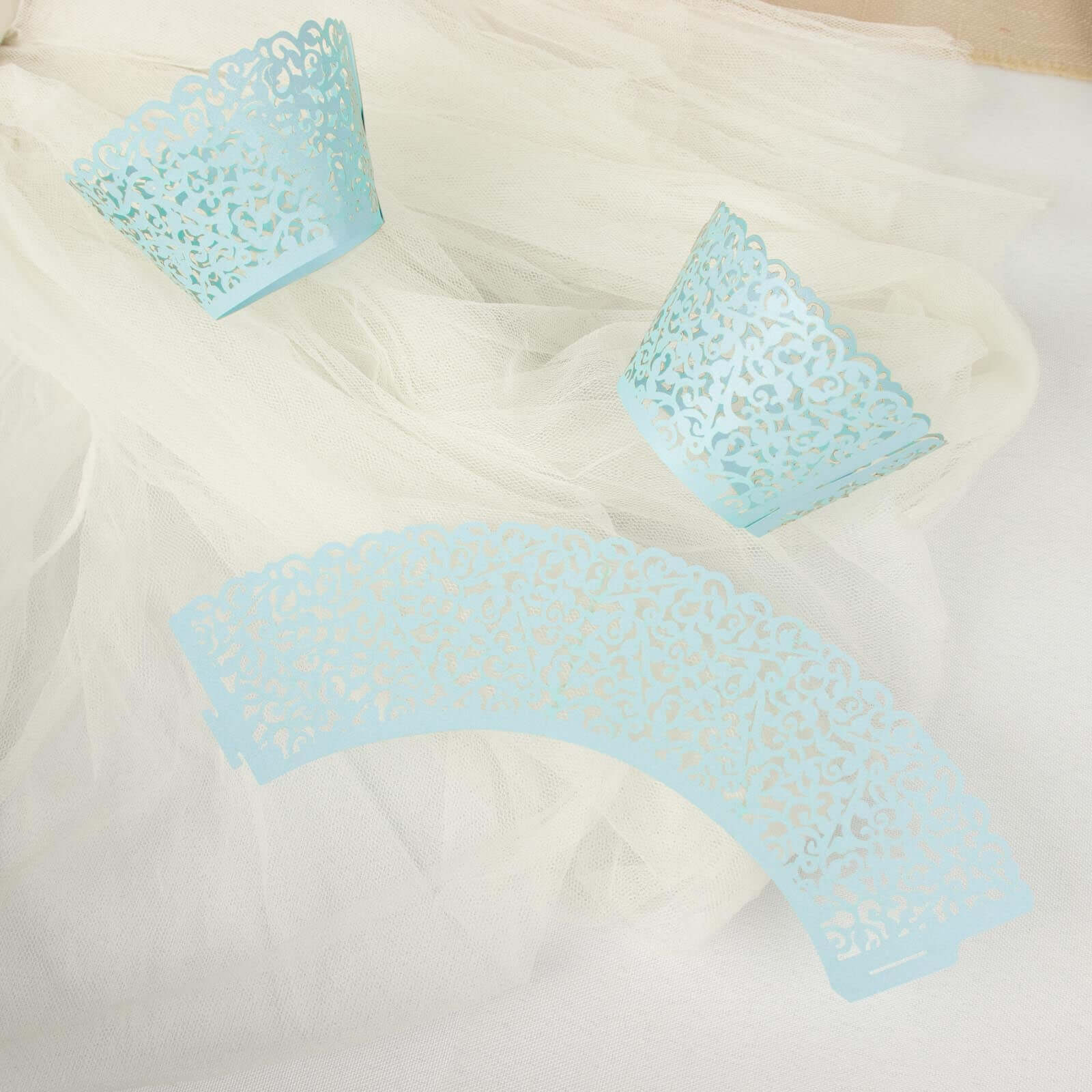 25-Pack Paper Cupcake Wrappers Light Blue Lace Laser Cut Design - Muffin Baking Cup Trays for Events - Image 12