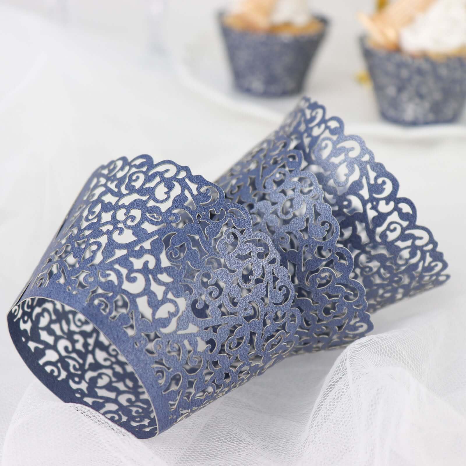 25-Pack Paper Cupcake Wrappers Navy Blue Lace Laser Cut Design - Muffin Baking Cup Trays for Events - Image 11