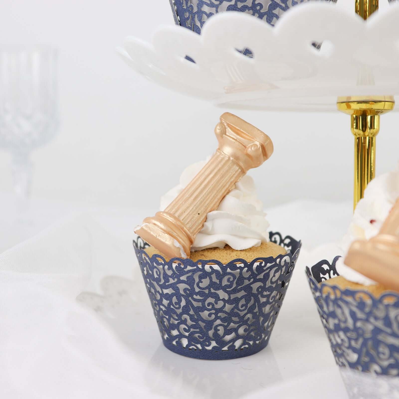 25-Pack Paper Cupcake Wrappers Navy Blue Lace Laser Cut Design - Muffin Baking Cup Trays for Events - Image 12