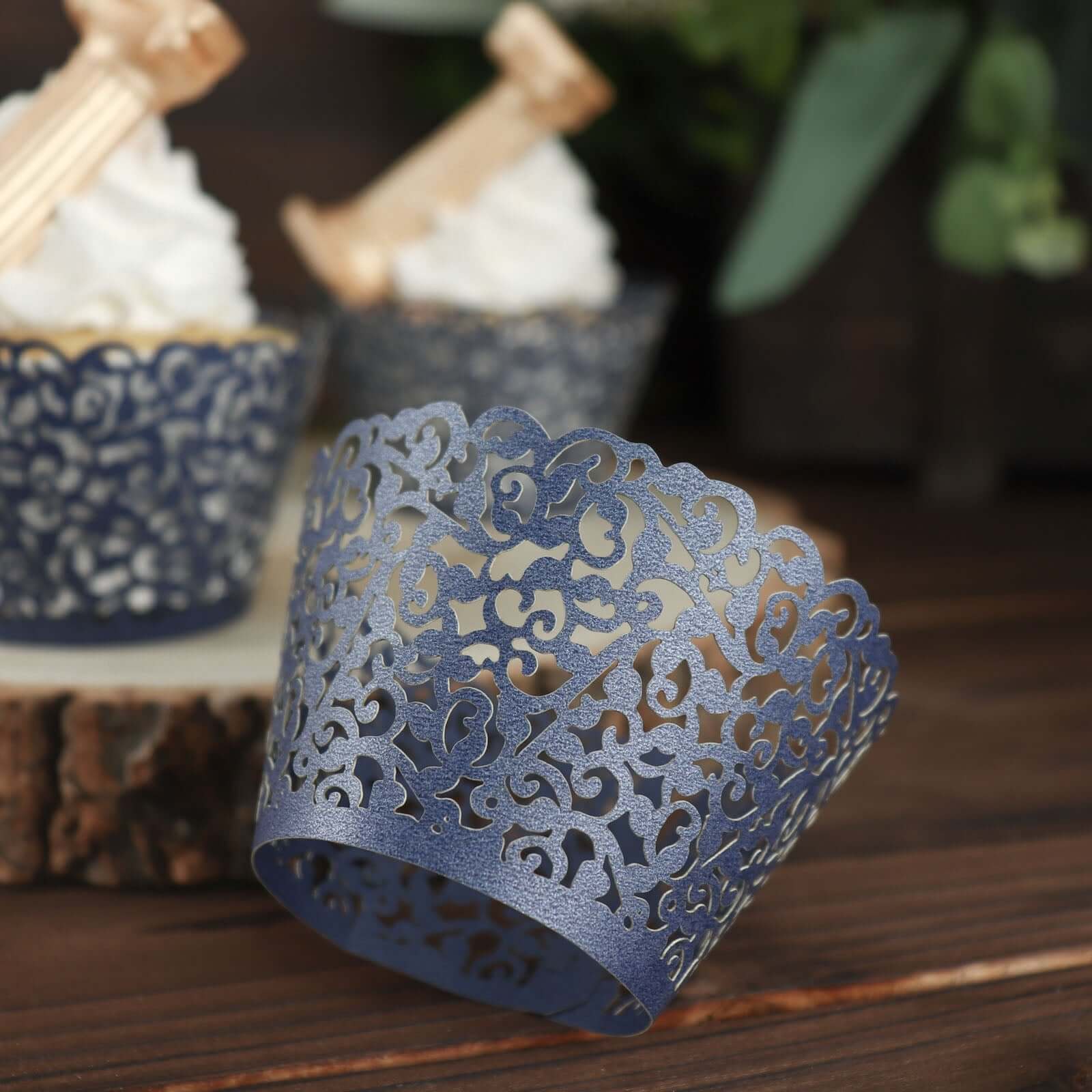 25-Pack Paper Cupcake Wrappers Navy Blue Lace Laser Cut Design - Muffin Baking Cup Trays for Events - Image 13