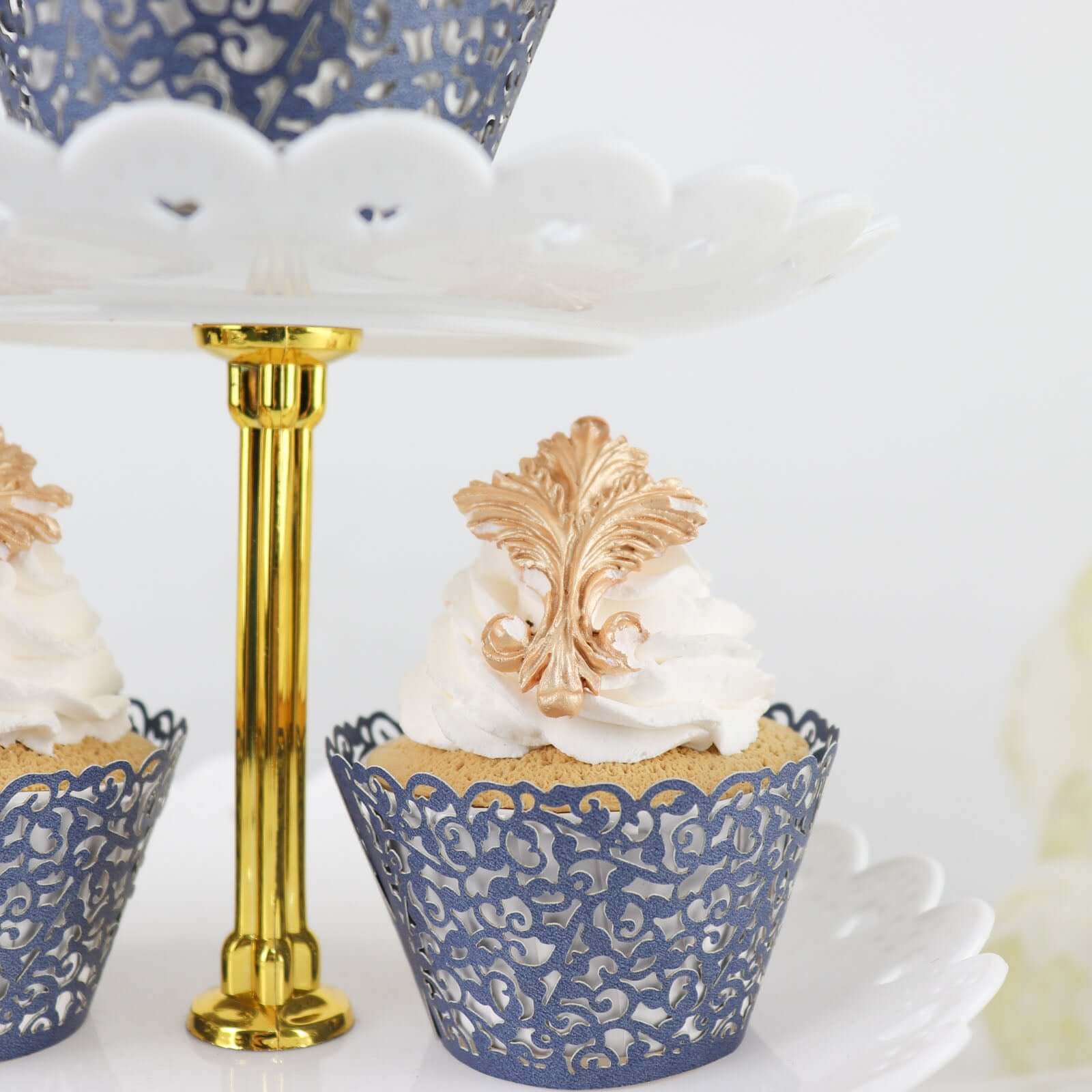 25-Pack Paper Cupcake Wrappers Navy Blue Lace Laser Cut Design - Muffin Baking Cup Trays for Events - Image 14