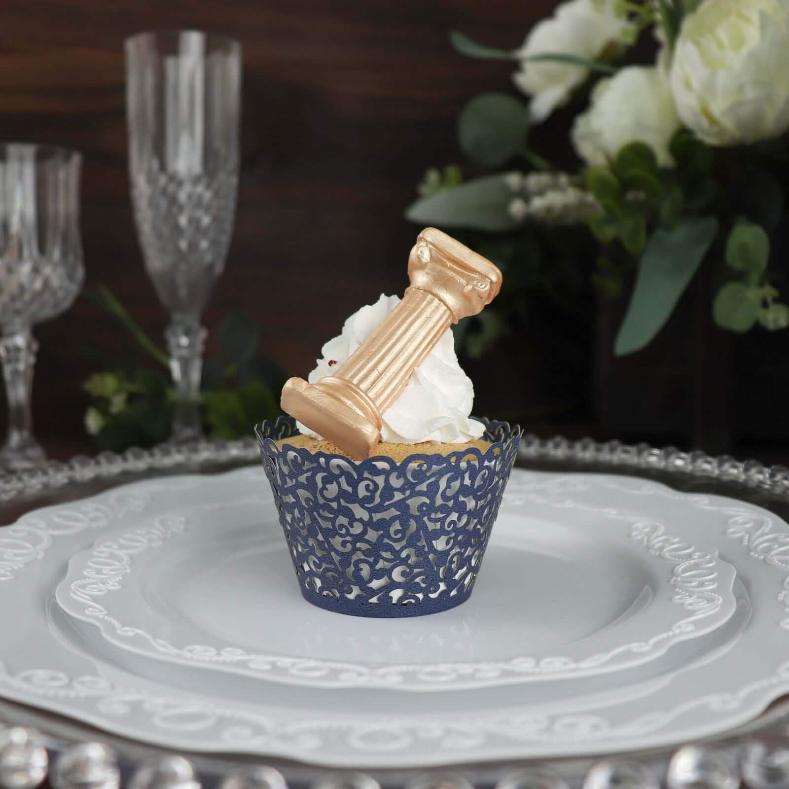 25-Pack Paper Cupcake Wrappers Navy Blue Lace Laser Cut Design - Muffin Baking Cup Trays for Events - Image 18