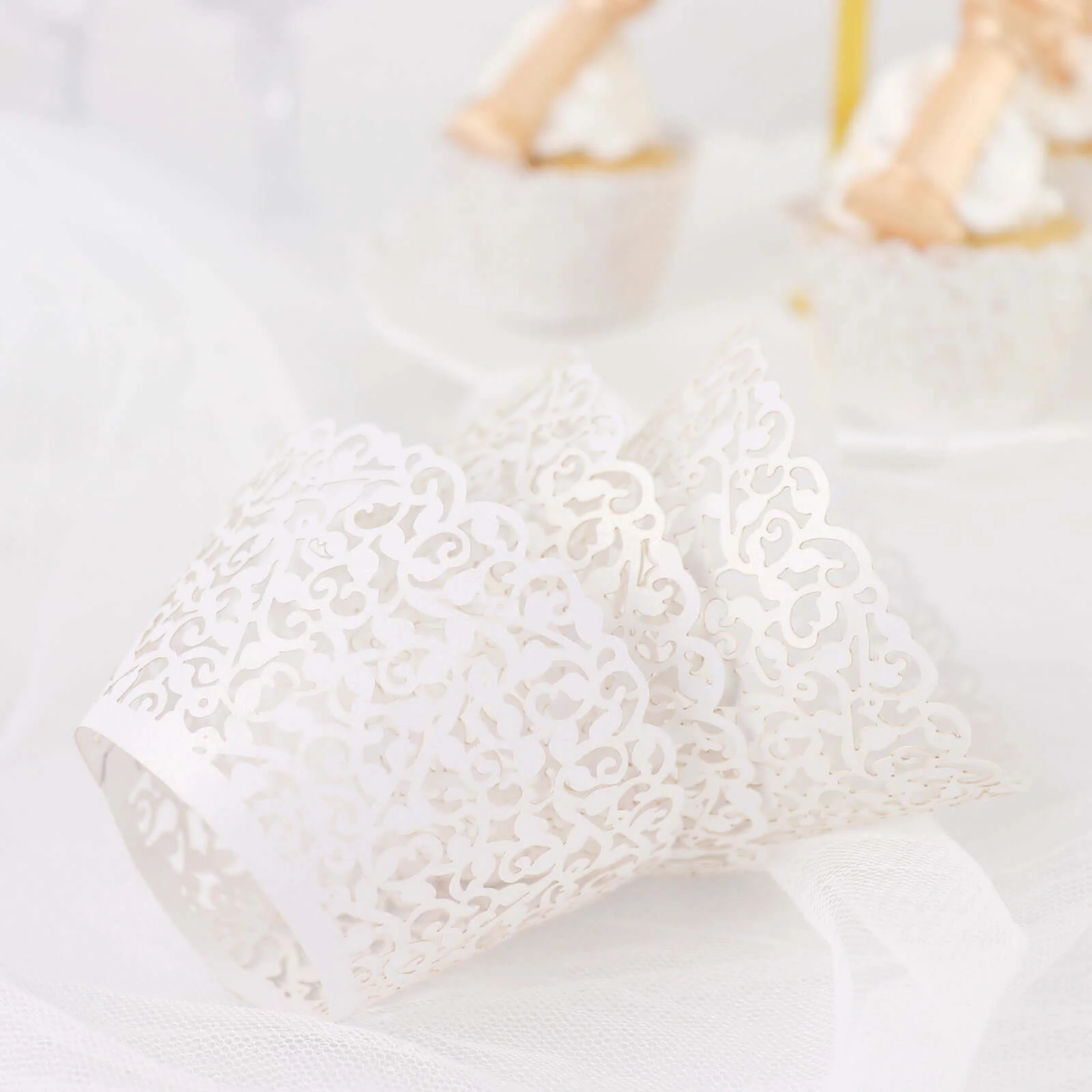 25-Pack Paper Cupcake Wrappers White Lace Laser Cut Design - Muffin Baking Cup Trays for Events - Image 13