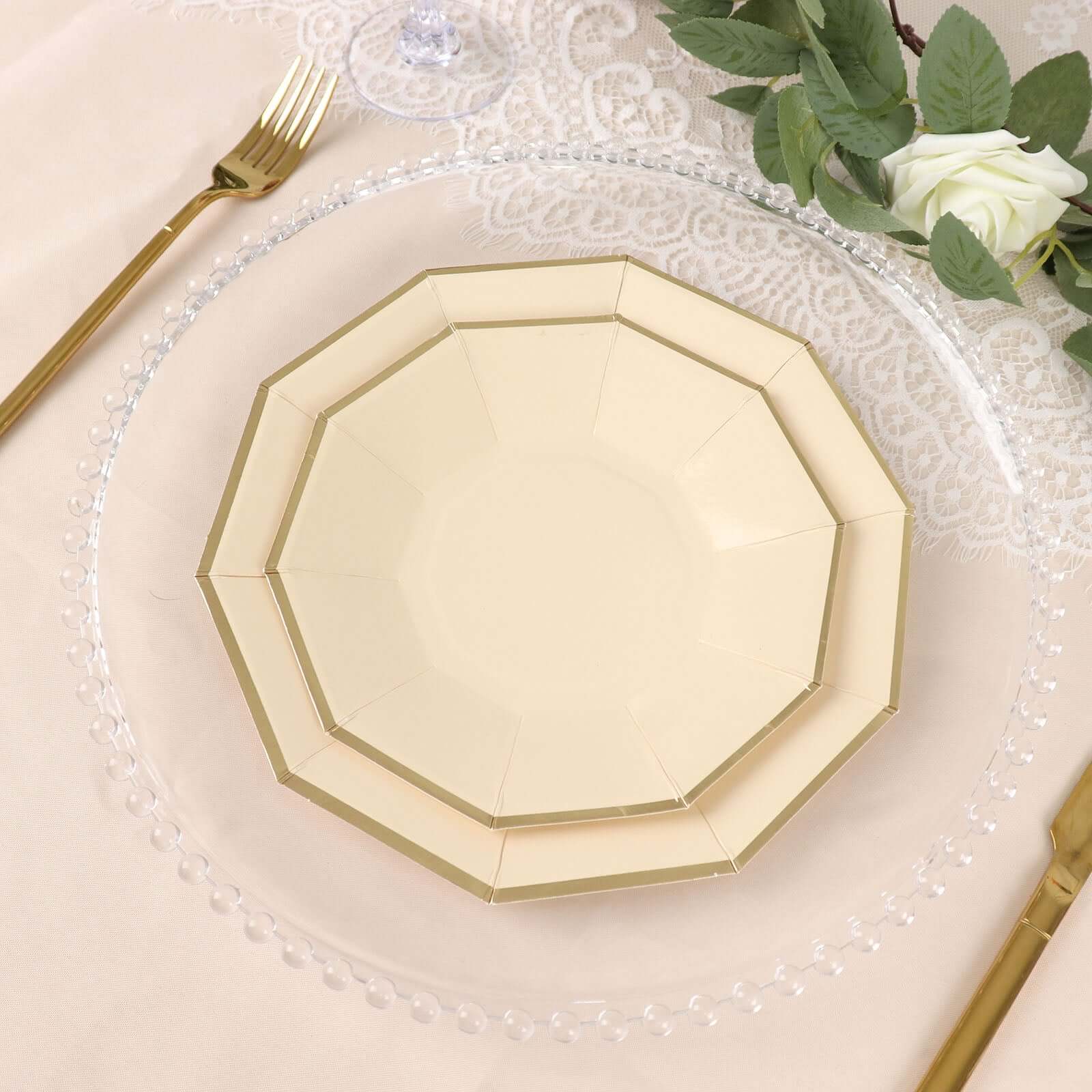 25-Pack Paper Decagon Appetizer Plates 7" Beige with Gold Foil Rim - Modern Geometric Dessert/Salad Plates for Stylish Tablescapes - Image 11