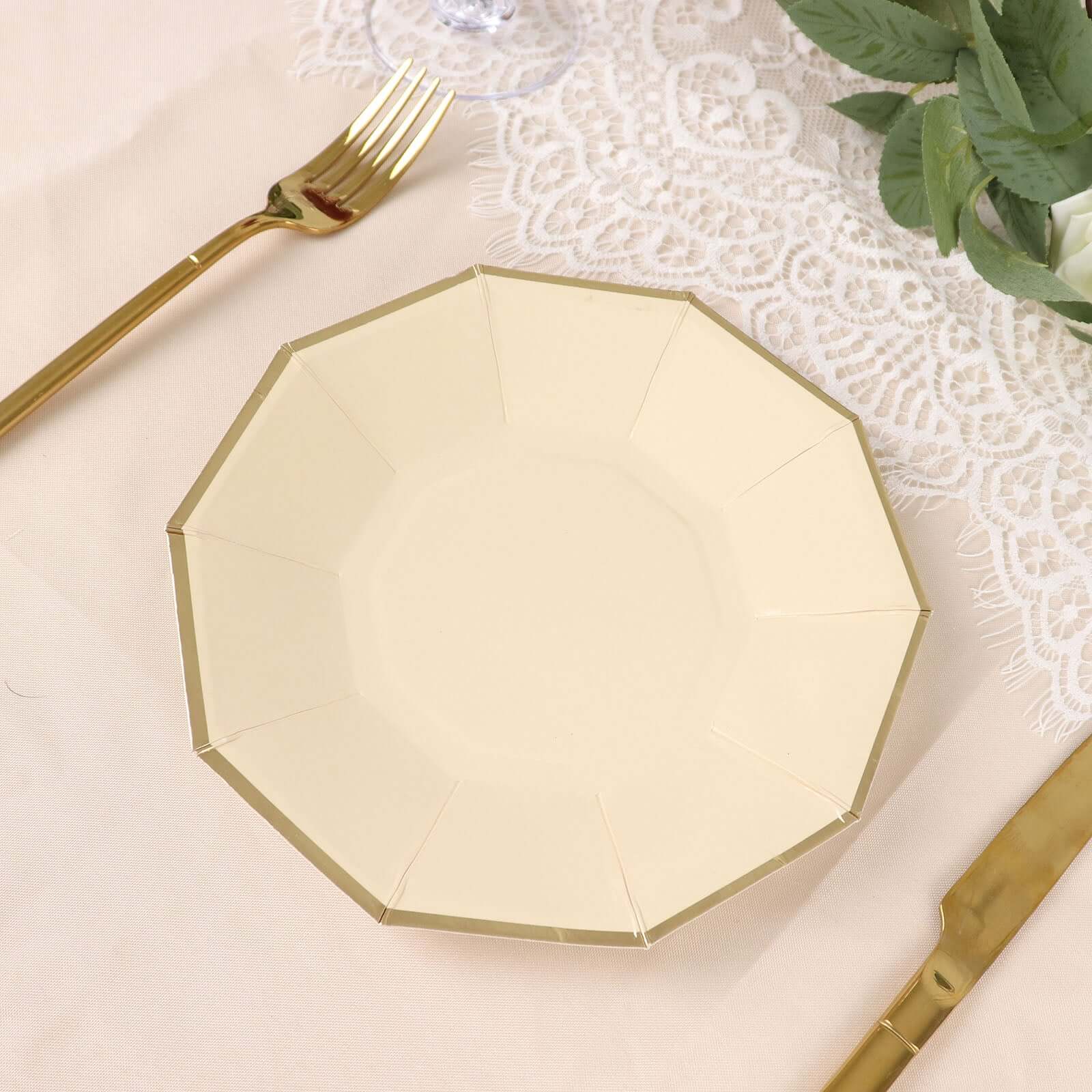25-Pack Paper Decagon Appetizer Plates 7" Beige with Gold Foil Rim - Modern Geometric Dessert/Salad Plates for Stylish Tablescapes - Image 13