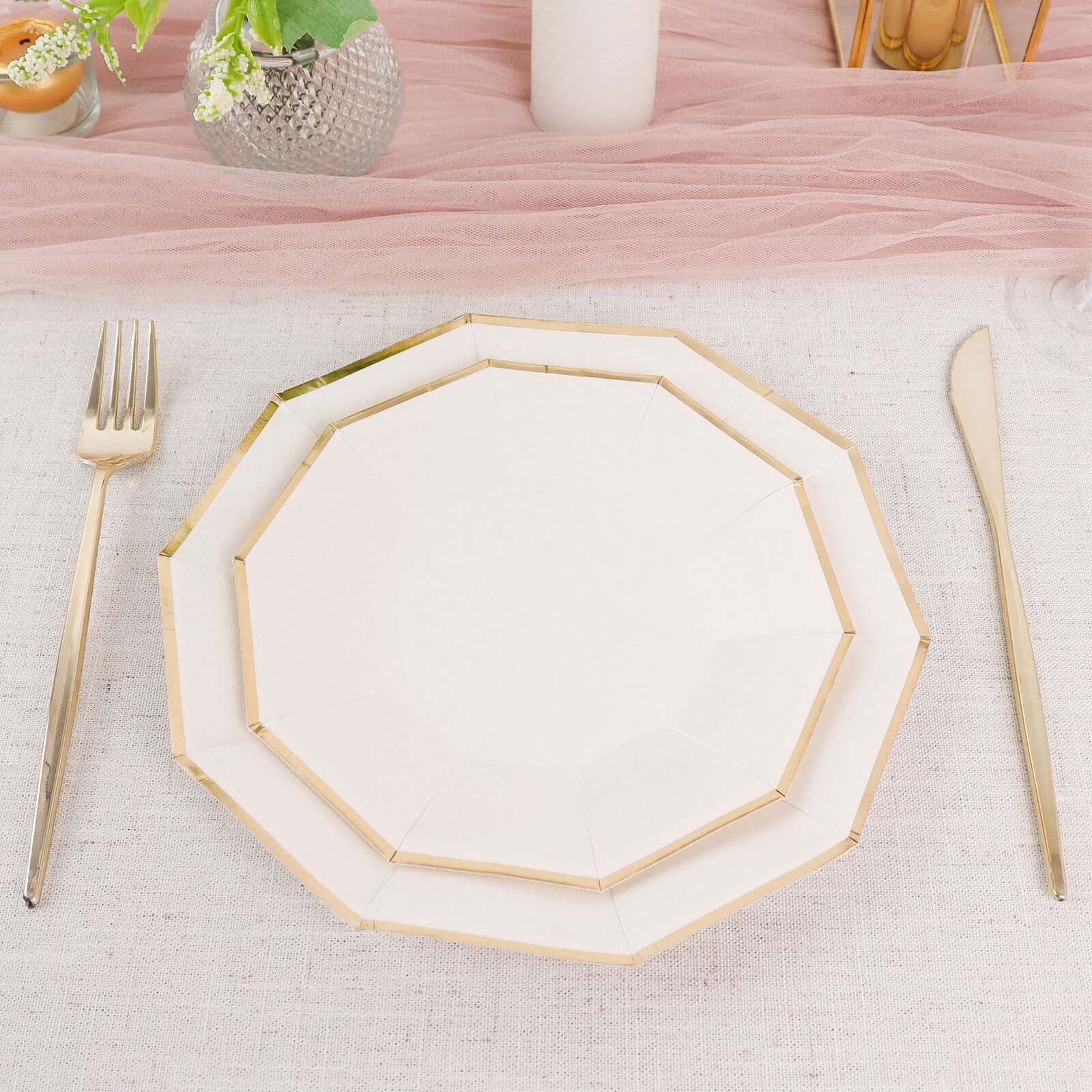 25-Pack Paper Decagon Appetizer Plates 7" White with Gold Foil Rim - Modern Geometric Dessert/Salad Plates for Stylish Tablescapes - Image 2
