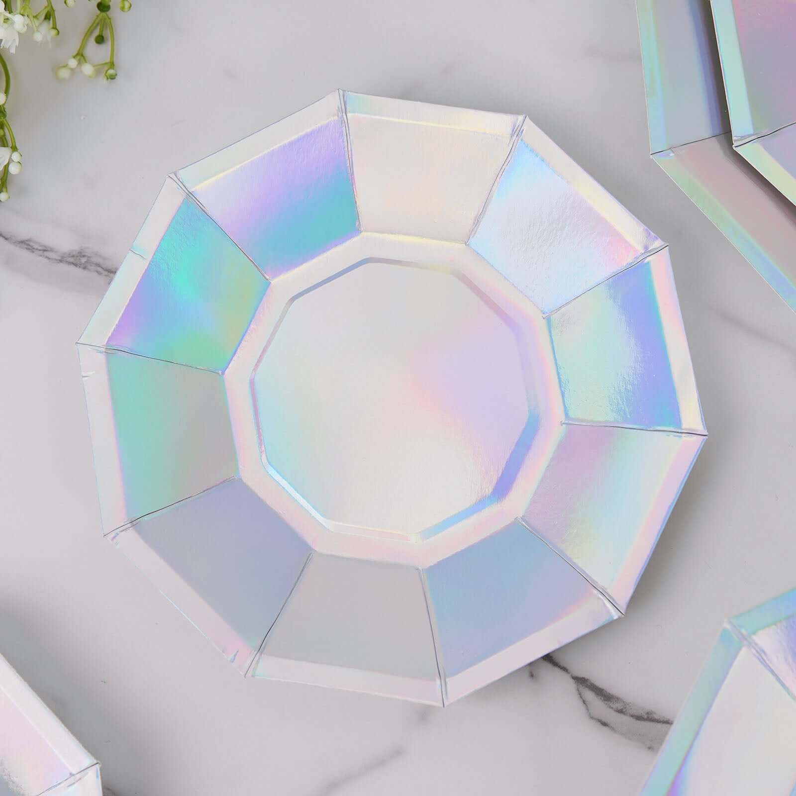 25-Pack Paper Decagon Dessert Plates 7.5" Iridescent - Disposable Geometric Salad Plates for Disco & Space Themed Events - Image 2