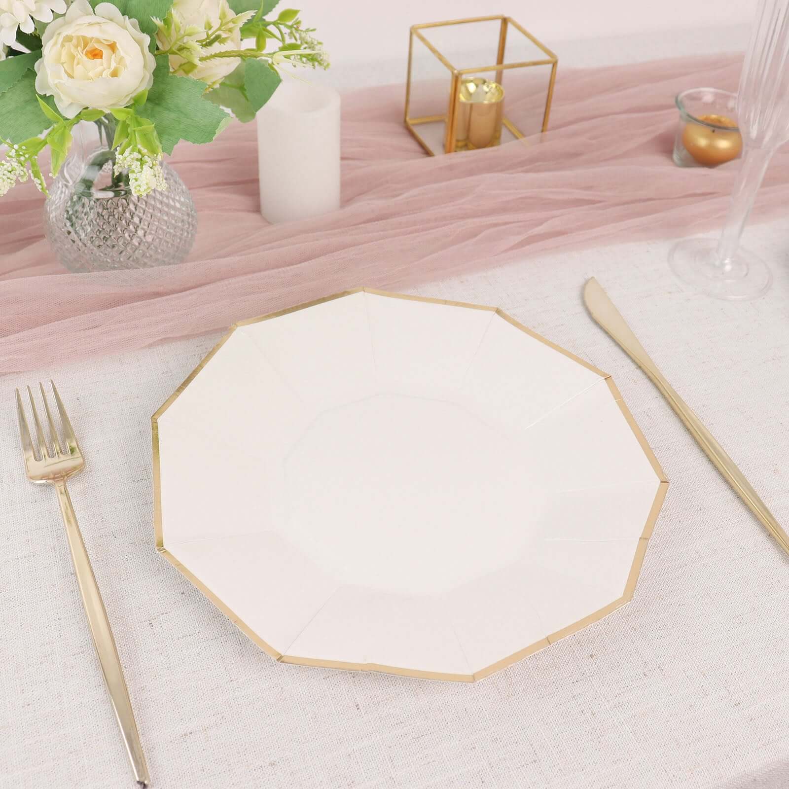 25-Pack Paper Decagon Dinner Plates 9" White with Gold Foil Rim - Geometric Disposable Party Plates for Banquets & Celebrations - Image 10