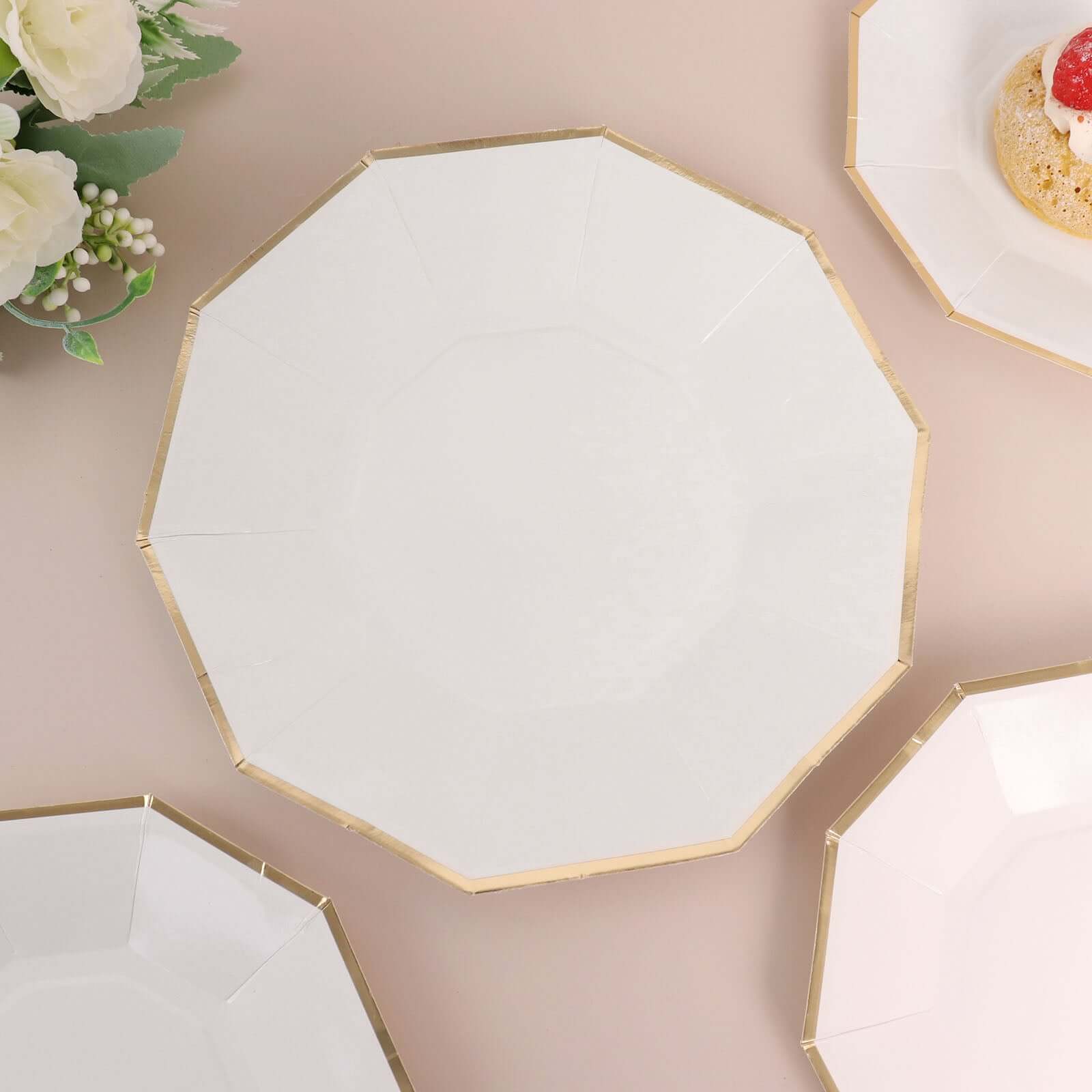 25-Pack Paper Decagon Dinner Plates 9" White with Gold Foil Rim - Geometric Disposable Party Plates for Banquets & Celebrations - Image 12