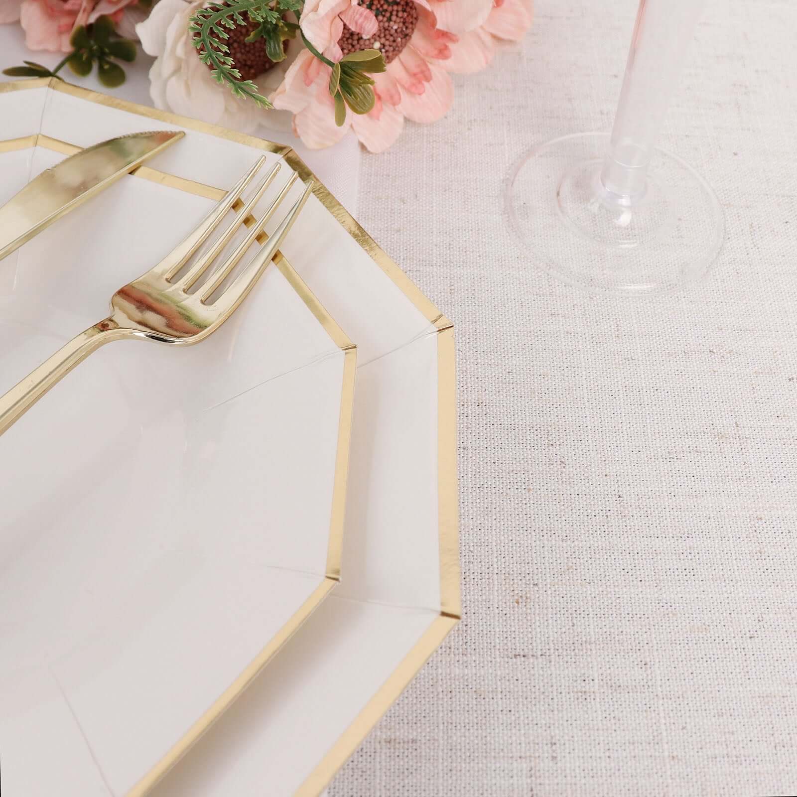 25-Pack Paper Decagon Dinner Plates 9" White with Gold Foil Rim - Geometric Disposable Party Plates for Banquets & Celebrations - Image 2