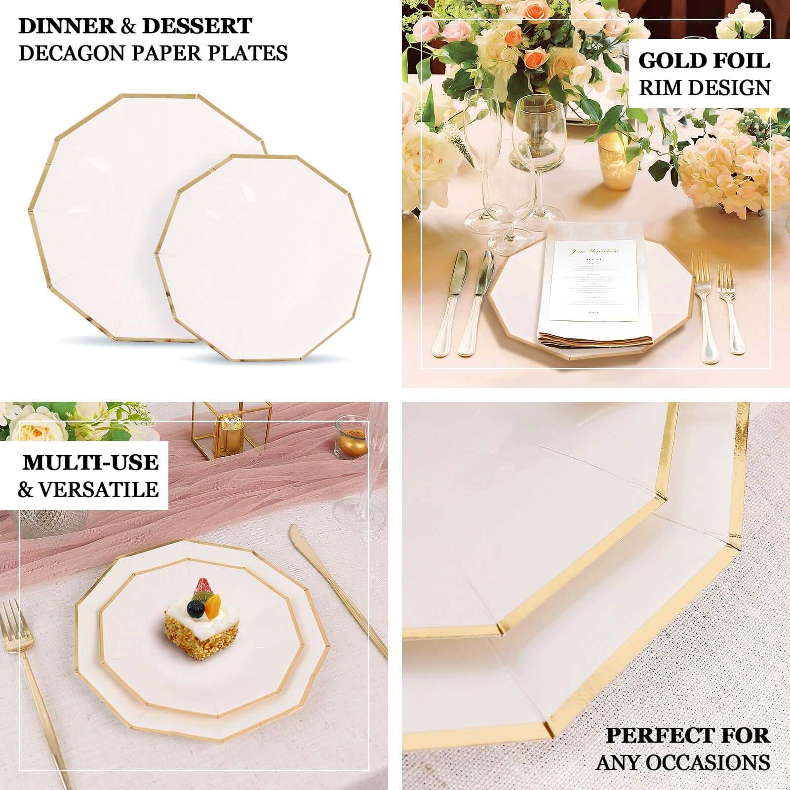 25-Pack Paper Decagon Dinner Plates 9" White with Gold Foil Rim - Geometric Disposable Party Plates for Banquets & Celebrations - Image 4
