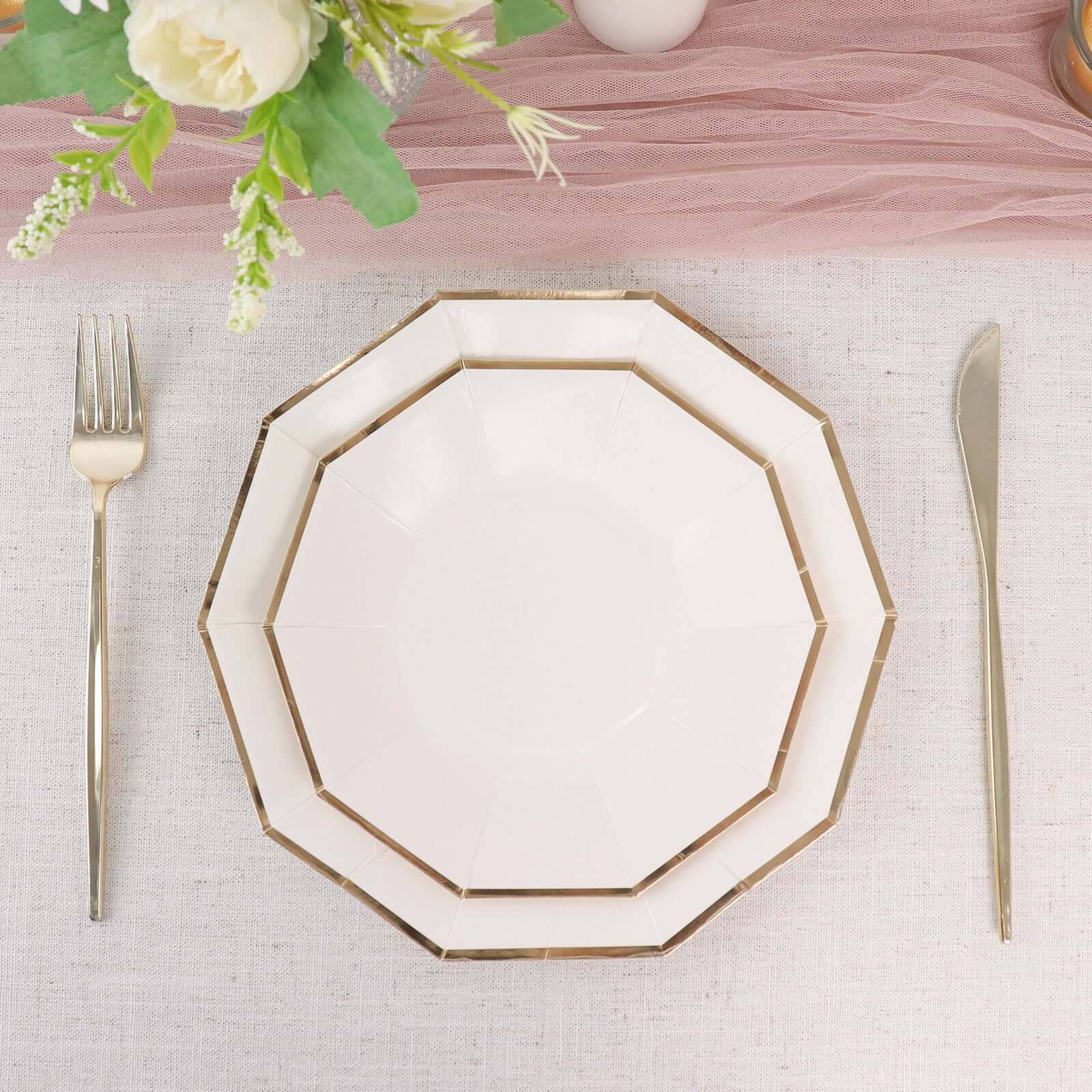 25-Pack Paper Decagon Dinner Plates 9" White with Gold Foil Rim - Geometric Disposable Party Plates for Banquets & Celebrations - Image 5