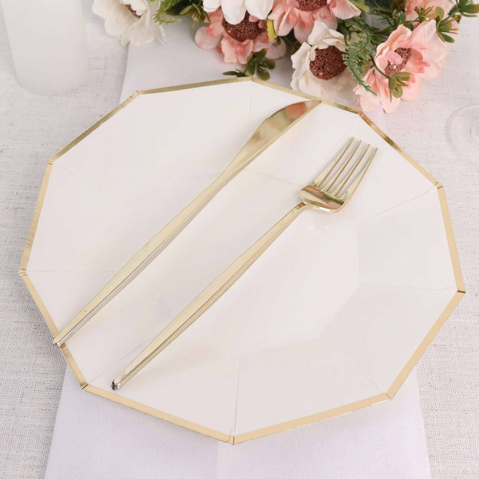 25-Pack Paper Decagon Dinner Plates 9" White with Gold Foil Rim - Geometric Disposable Party Plates for Banquets & Celebrations - Image 6