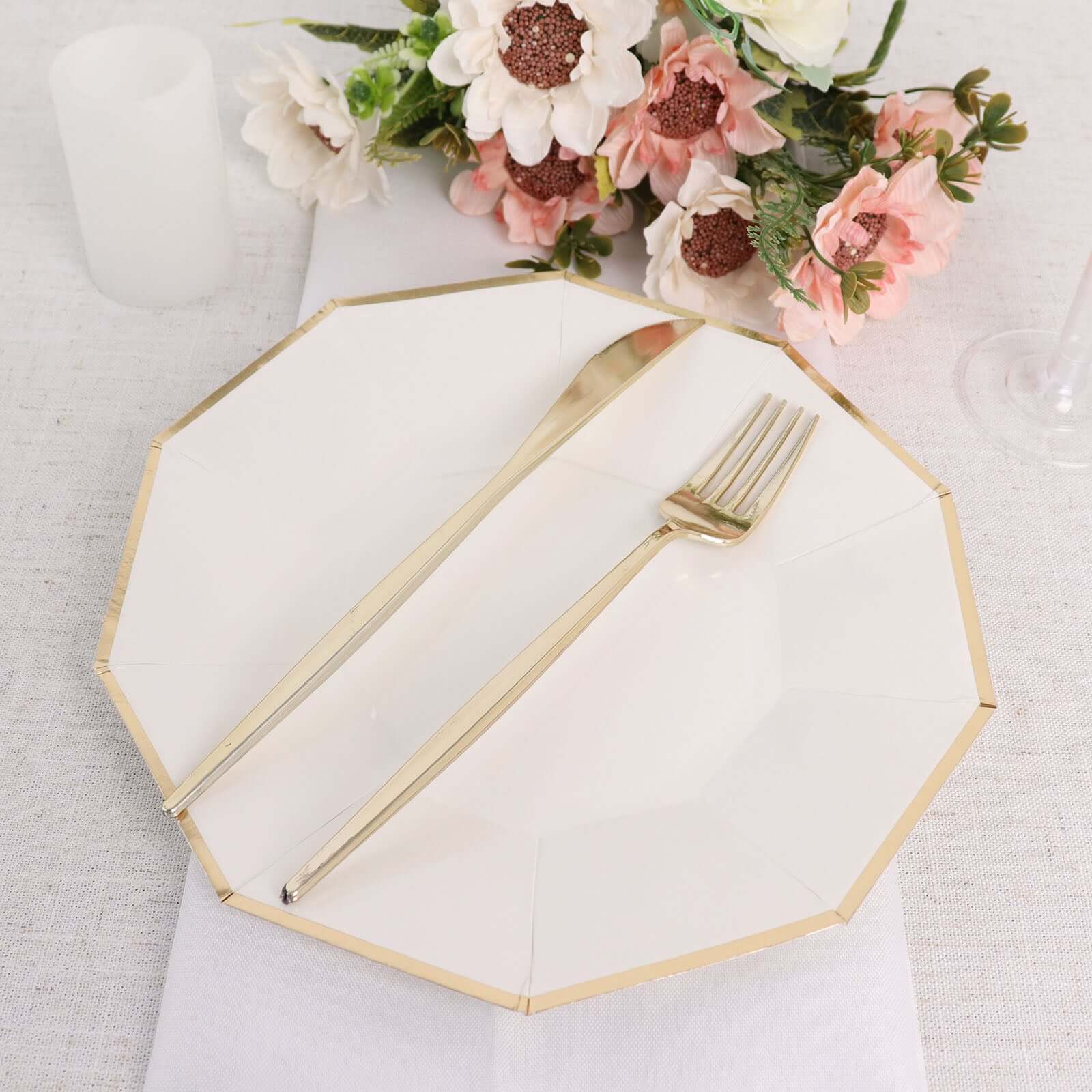 25-Pack Paper Decagon Dinner Plates 9" White with Gold Foil Rim - Geometric Disposable Party Plates for Banquets & Celebrations - Image 8