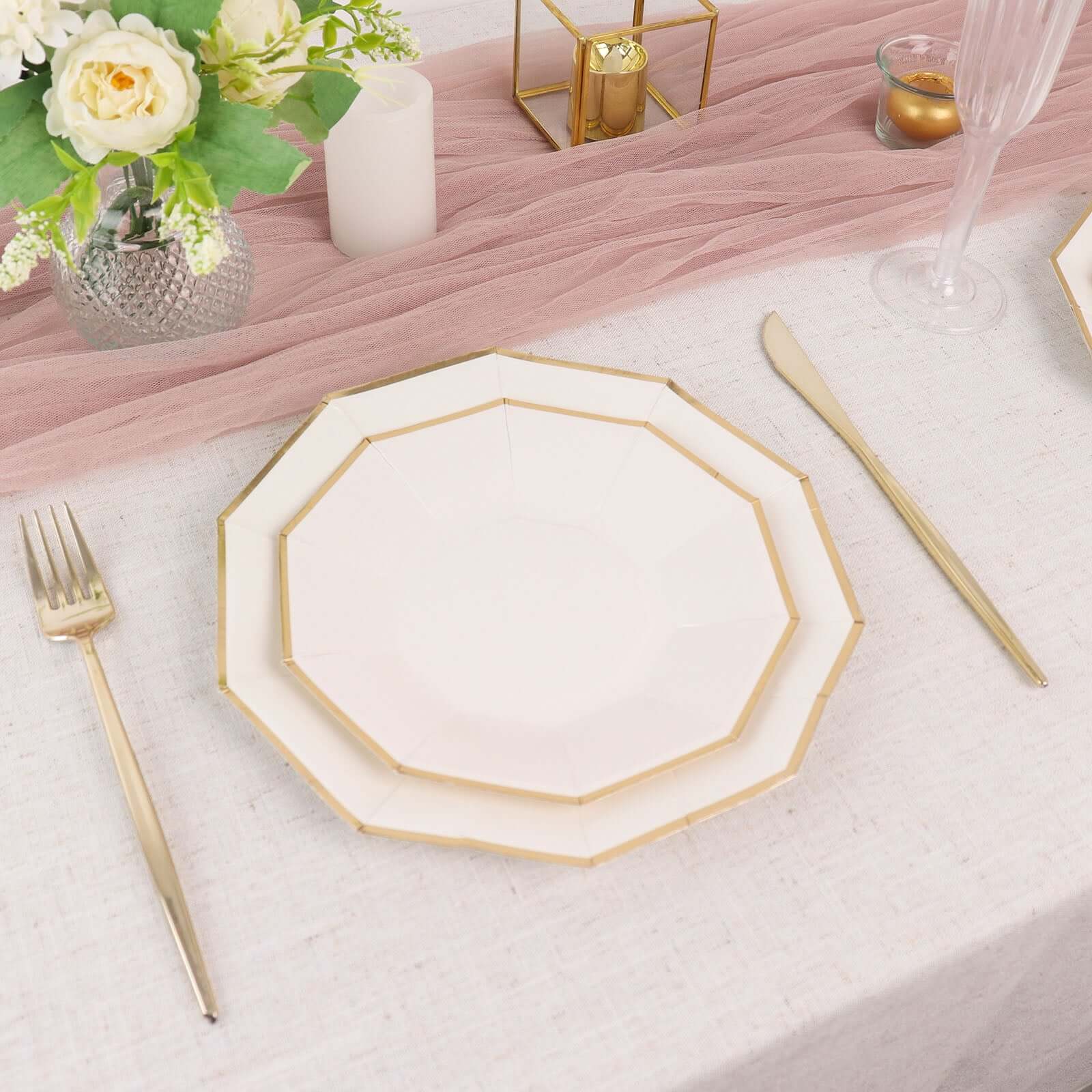 25-Pack Paper Decagon Dinner Plates 9" White with Gold Foil Rim - Geometric Disposable Party Plates for Banquets & Celebrations - Image 9