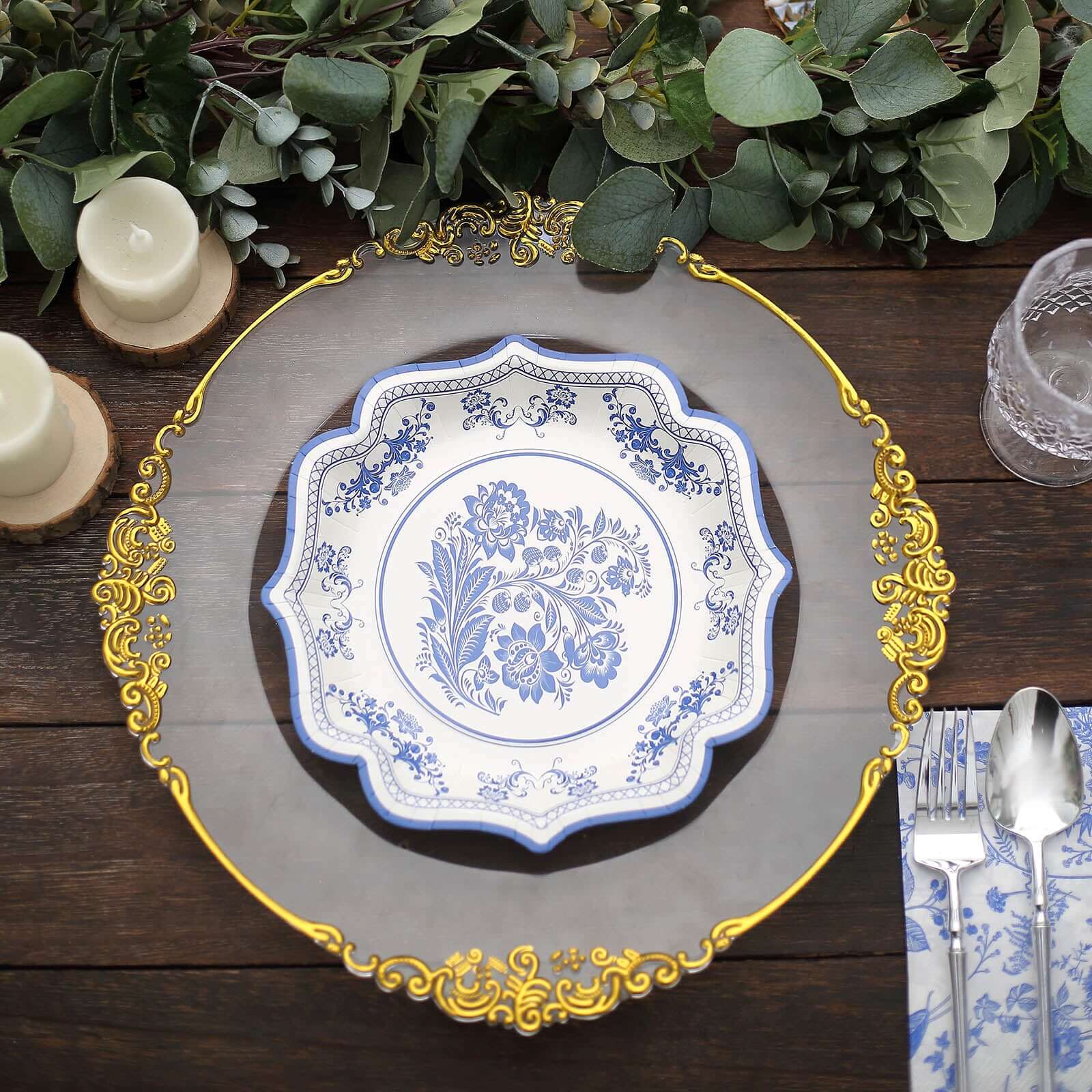 25-Pack Paper Dessert Plates 8" White with Blue Damask Floral Print & Scallop Rim - 300GSM Disposable Floral Salad Appetizer Plates - Image 2