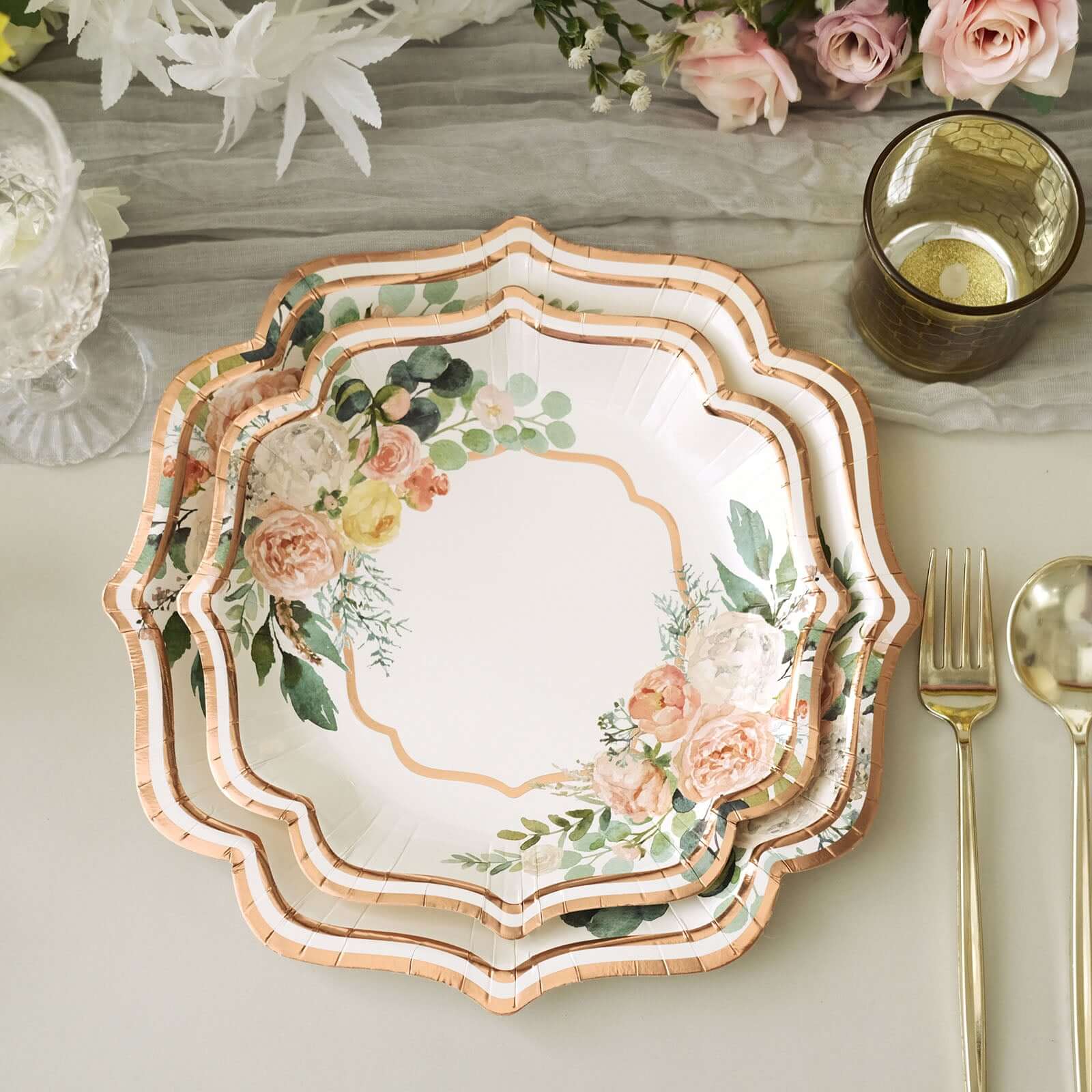 25-Pack Paper Dessert Plates 8" White with Floral Print & Rose Gold Scallop Rim - 300GSM Disposable Appetizer Salad Plates - Image 11