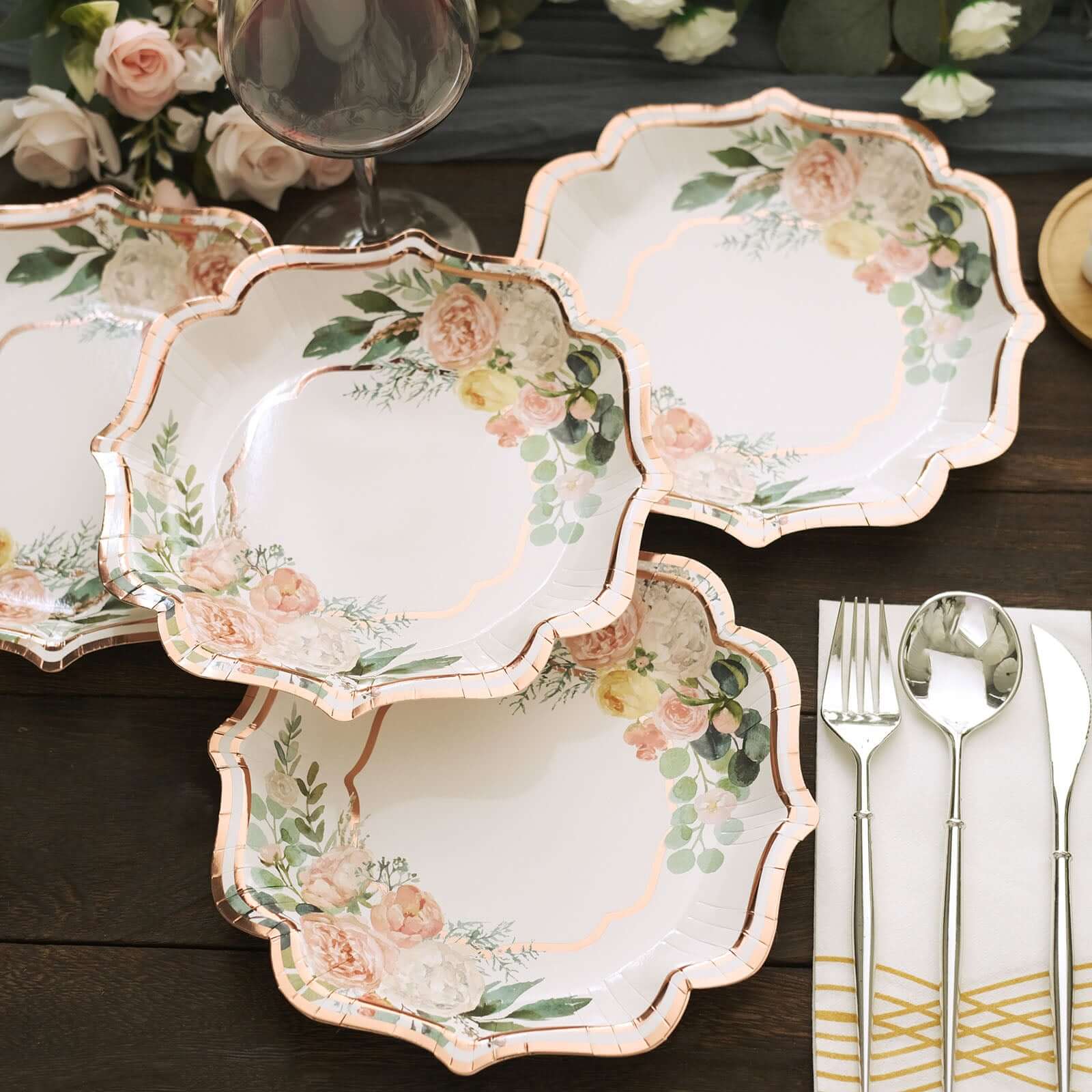25-Pack Paper Dessert Plates 8" White with Floral Print & Rose Gold Scallop Rim - 300GSM Disposable Appetizer Salad Plates - Image 12