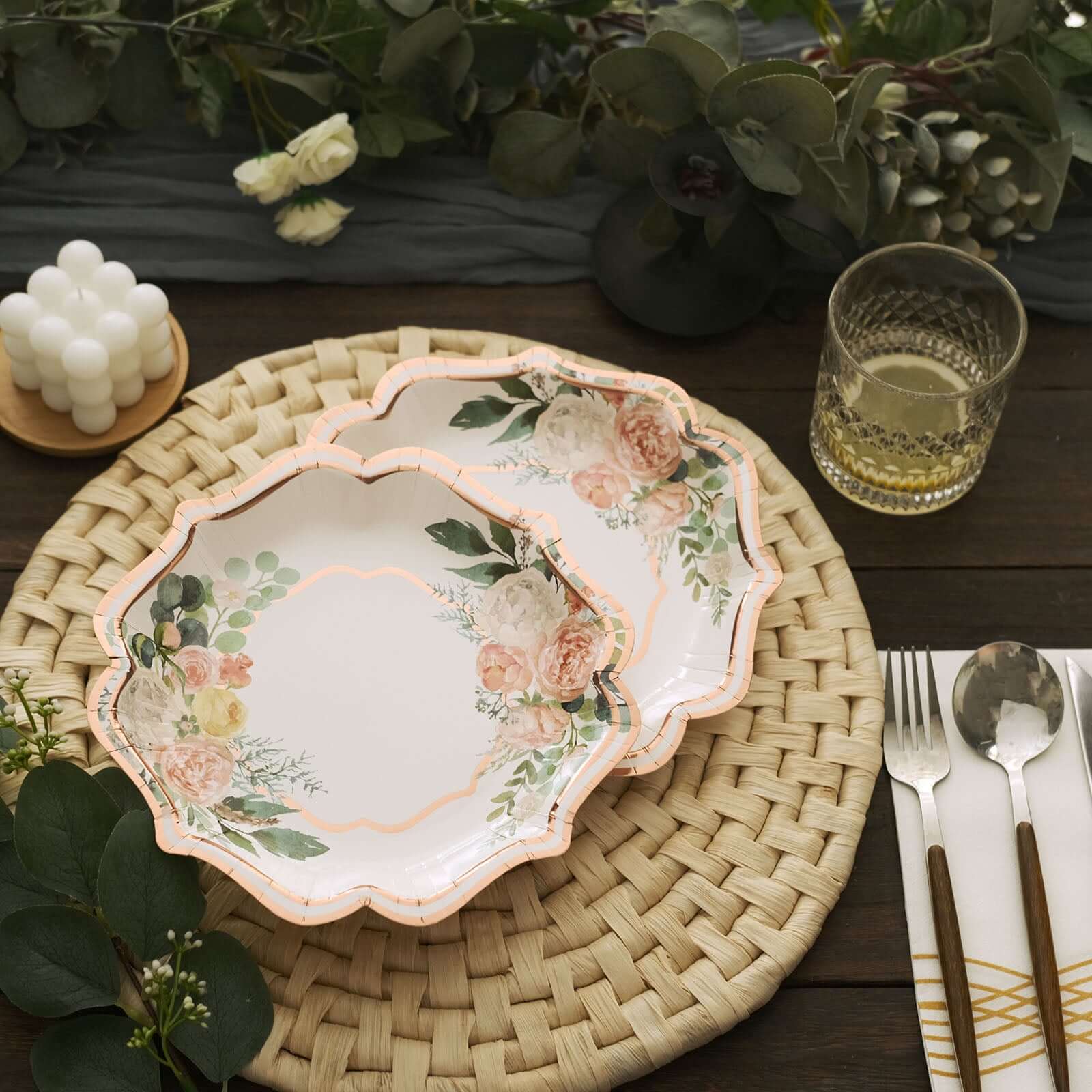25-Pack Paper Dessert Plates 8" White with Floral Print & Rose Gold Scallop Rim - 300GSM Disposable Appetizer Salad Plates - Image 9