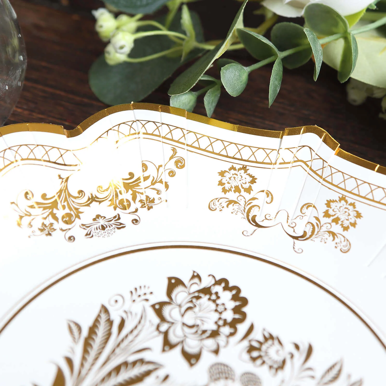 25-Pack Paper Dessert Plates 8" White with Gold Damask Floral Print & Scallop Rim - 300GSM Disposable Floral Salad Appetizer Plates for Chic Weddings & Special Occasions - Image 11