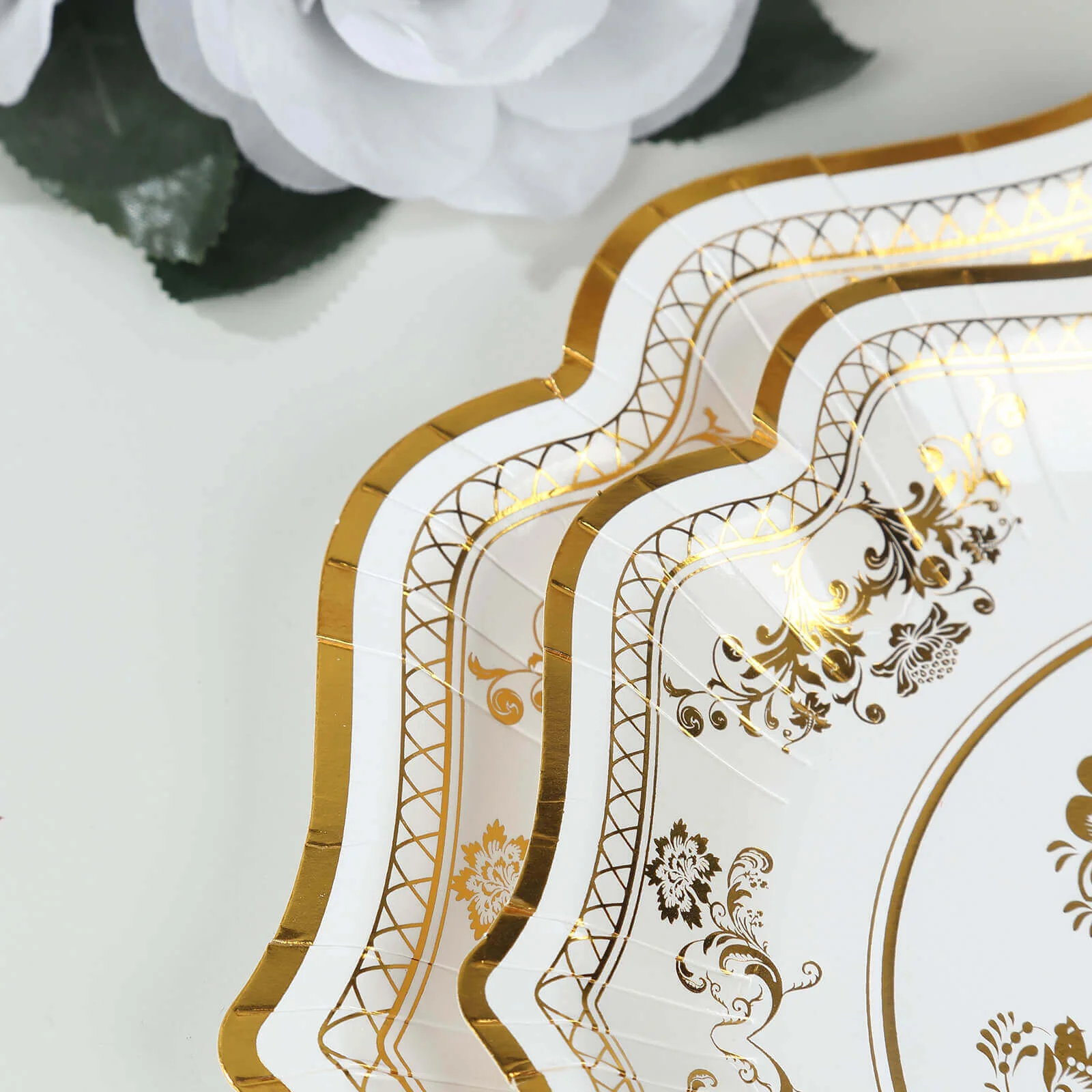 25-Pack Paper Dessert Plates 8" White with Gold Damask Floral Print & Scallop Rim - 300GSM Disposable Floral Salad Appetizer Plates for Chic Weddings & Special Occasions - Image 12