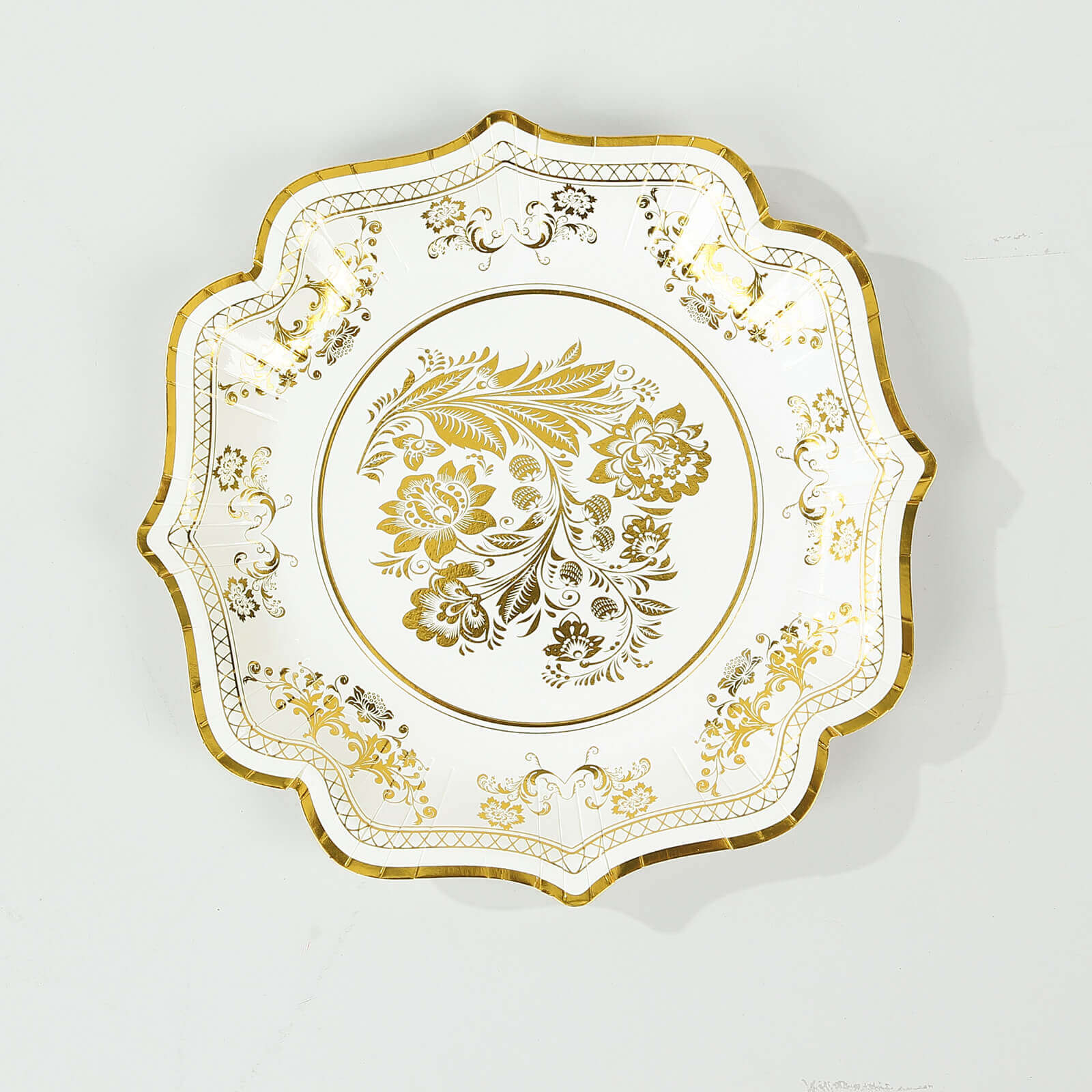 25-Pack Paper Dessert Plates 8" White with Gold Damask Floral Print & Scallop Rim - 300GSM Disposable Floral Salad Appetizer Plates for Chic Weddings & Special Occasions - Image 13