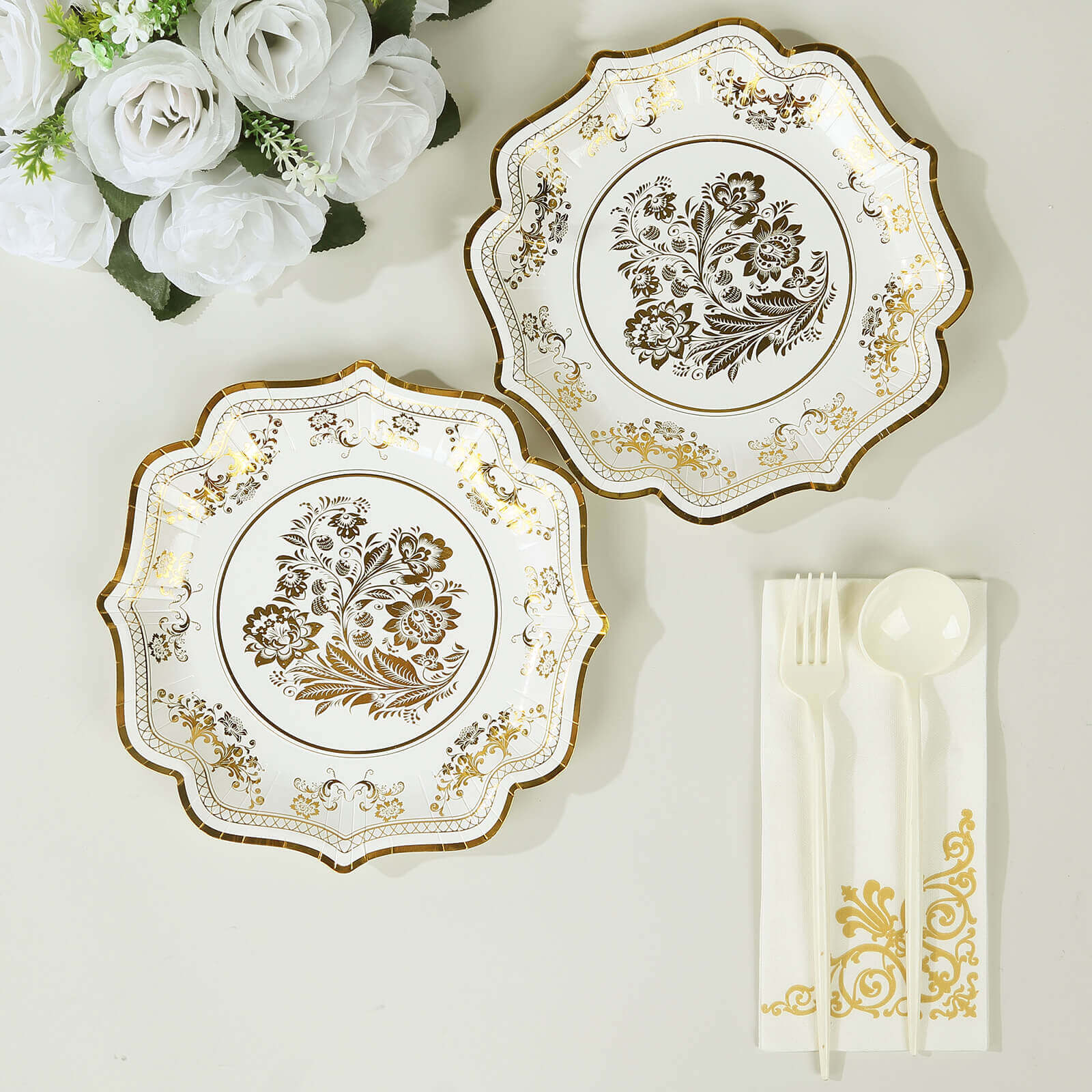 25-Pack Paper Dessert Plates 8" White with Gold Damask Floral Print & Scallop Rim - 300GSM Disposable Floral Salad Appetizer Plates for Chic Weddings & Special Occasions - Image 2