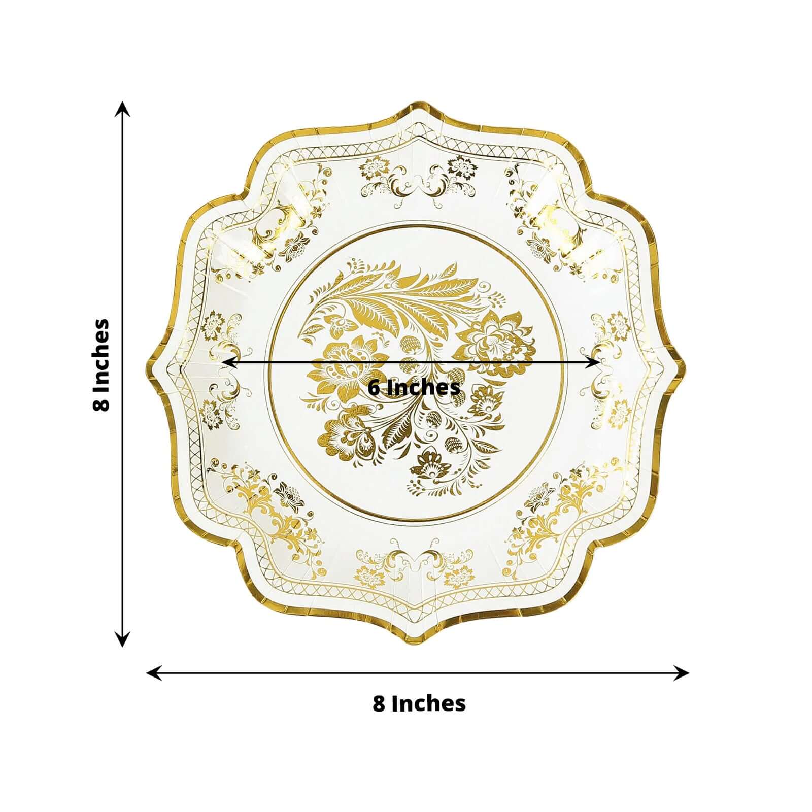 25-Pack Paper Dessert Plates 8" White with Gold Damask Floral Print & Scallop Rim - 300GSM Disposable Floral Salad Appetizer Plates for Chic Weddings & Special Occasions - Image 3