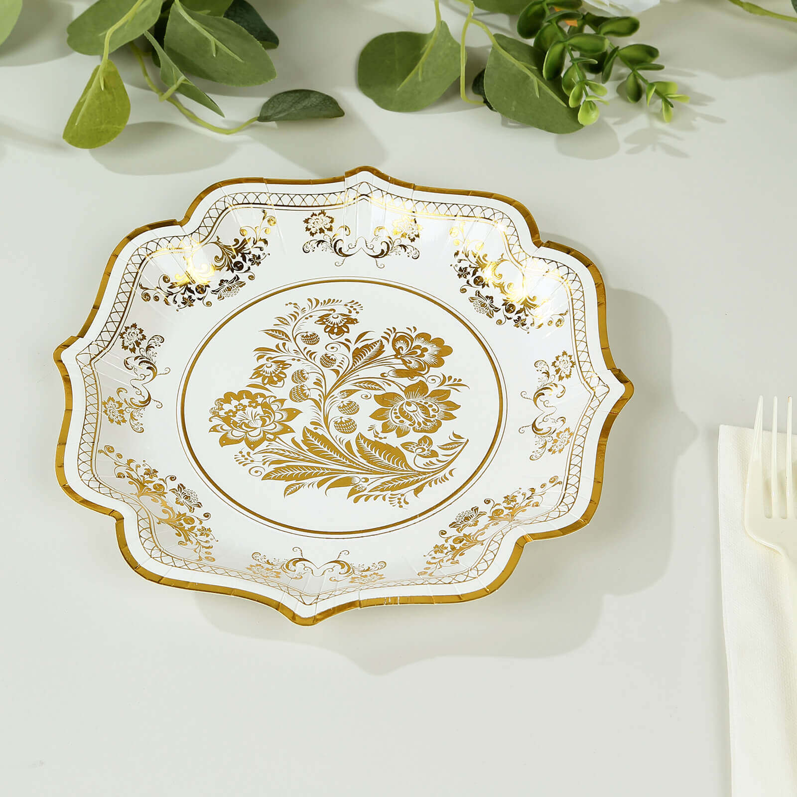 25-Pack Paper Dessert Plates 8" White with Gold Damask Floral Print & Scallop Rim - 300GSM Disposable Floral Salad Appetizer Plates for Chic Weddings & Special Occasions - Image 6