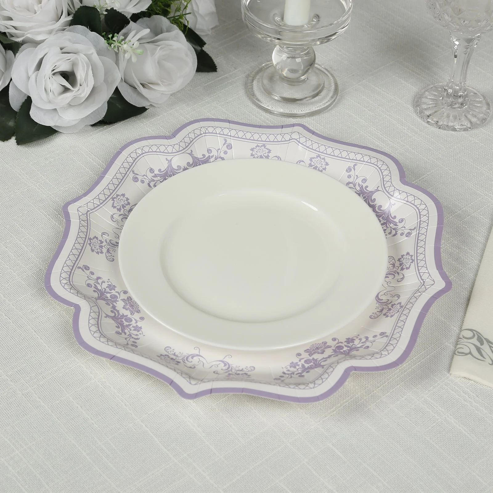 25-Pack Paper Dessert Plates 8" White with Lavender Lilac Damask Floral Print & Scallop Rim - 300GSM Disposable Floral Salad Appetizer Plates - Image 10