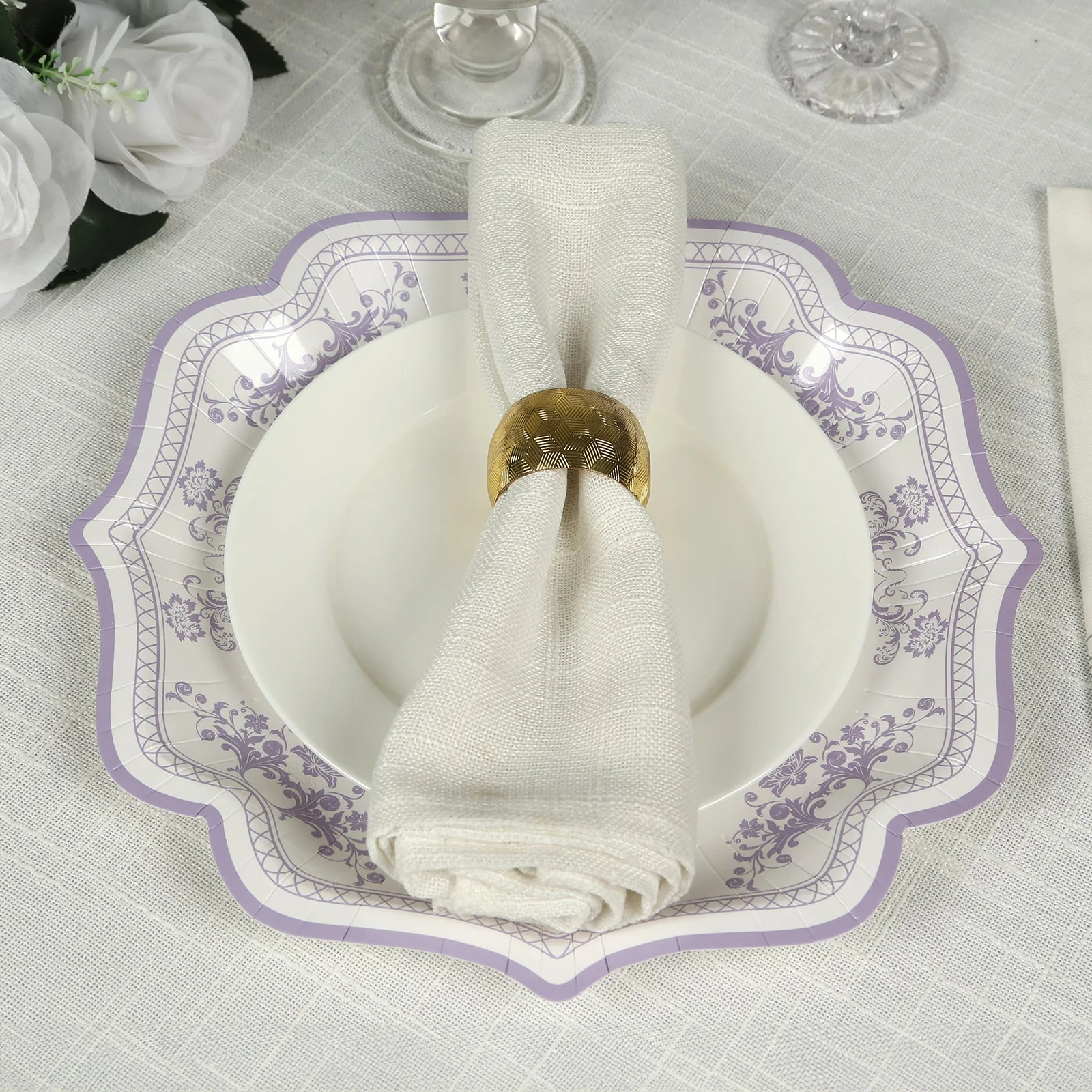 25-Pack Paper Dessert Plates 8" White with Lavender Lilac Damask Floral Print & Scallop Rim - 300GSM Disposable Floral Salad Appetizer Plates - Image 3