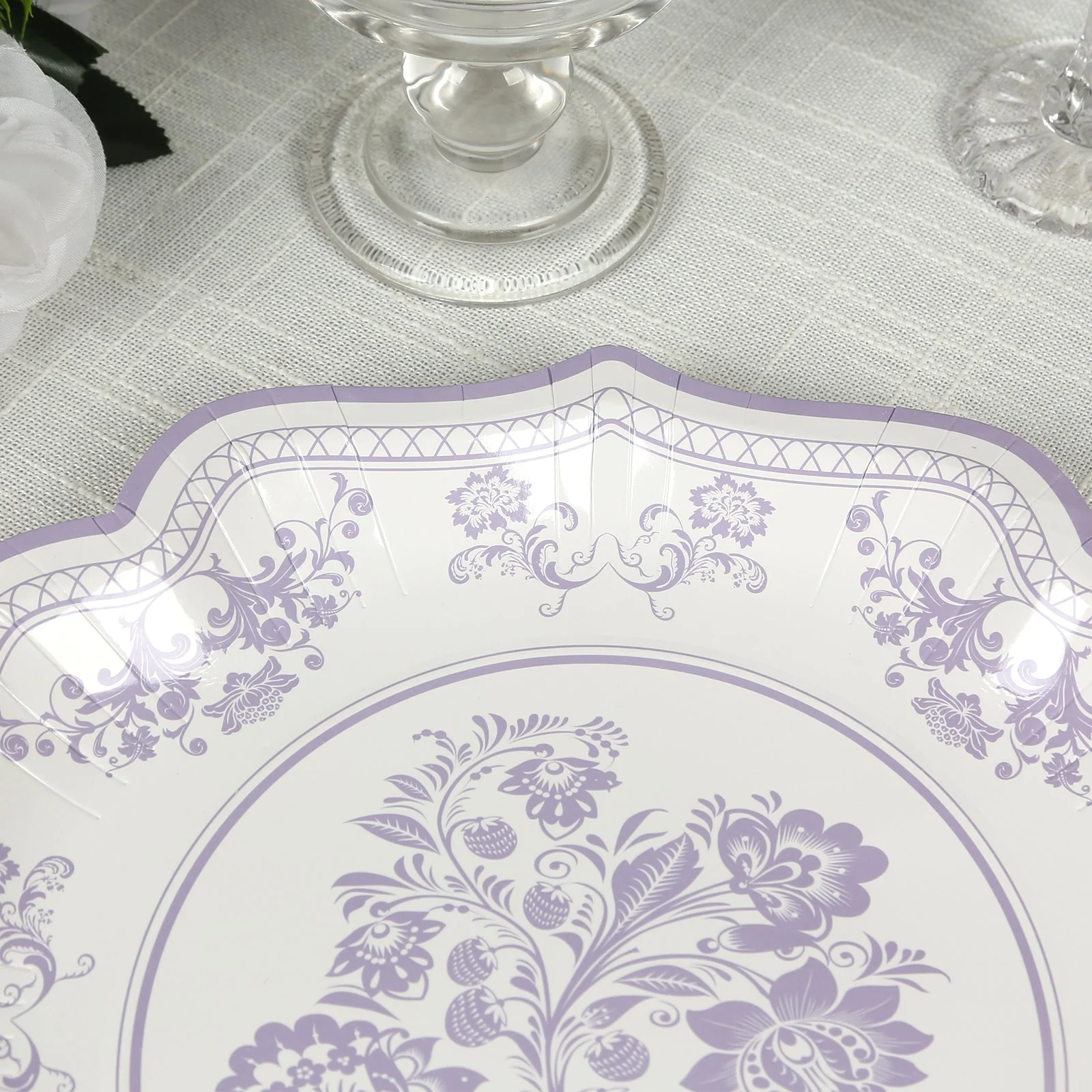 25-Pack Paper Dessert Plates 8" White with Lavender Lilac Damask Floral Print & Scallop Rim - 300GSM Disposable Floral Salad Appetizer Plates - Image 8
