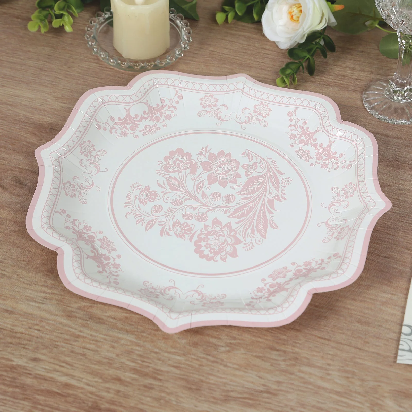 25-Pack Paper Dessert Plates 8" White with Pink Damask Floral Print & Scallop Rim - 300GSM Disposable Floral Salad Appetizer Plates - Image 10