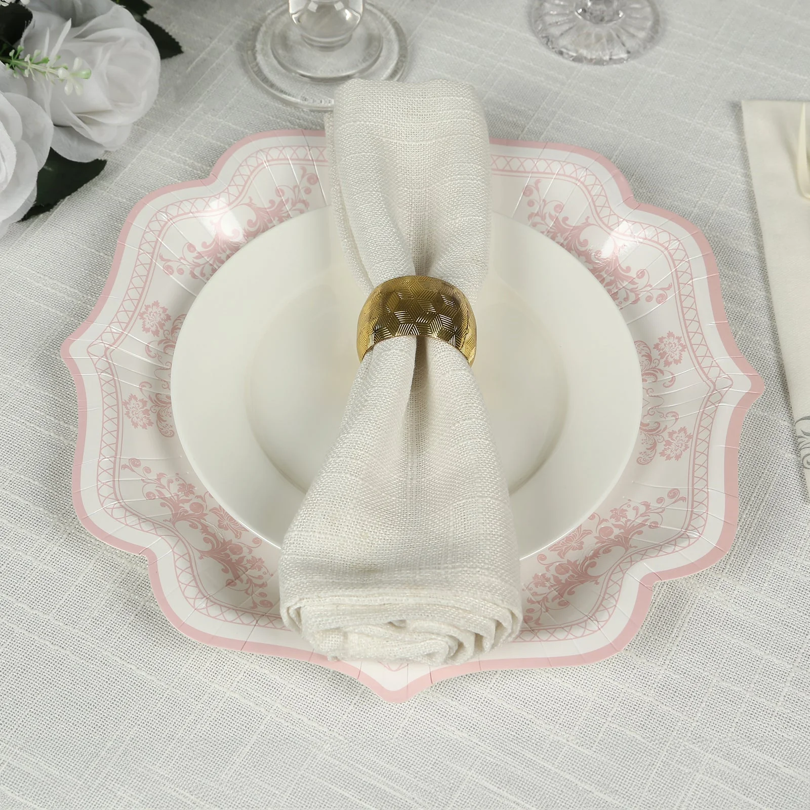 25-Pack Paper Dessert Plates 8" White with Pink Damask Floral Print & Scallop Rim - 300GSM Disposable Floral Salad Appetizer Plates - Image 11