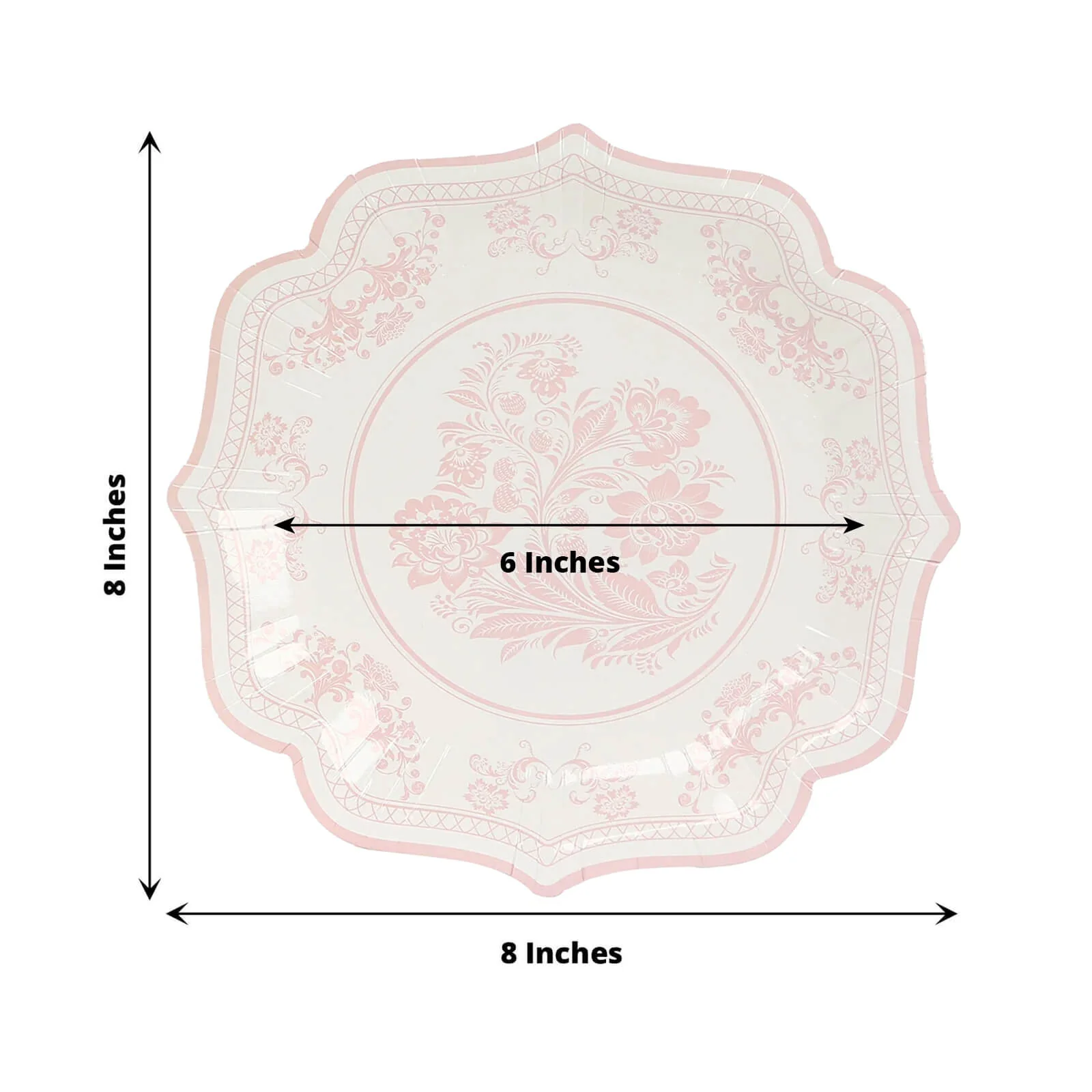 25-Pack Paper Dessert Plates 8" White with Pink Damask Floral Print & Scallop Rim - 300GSM Disposable Floral Salad Appetizer Plates - Image 2