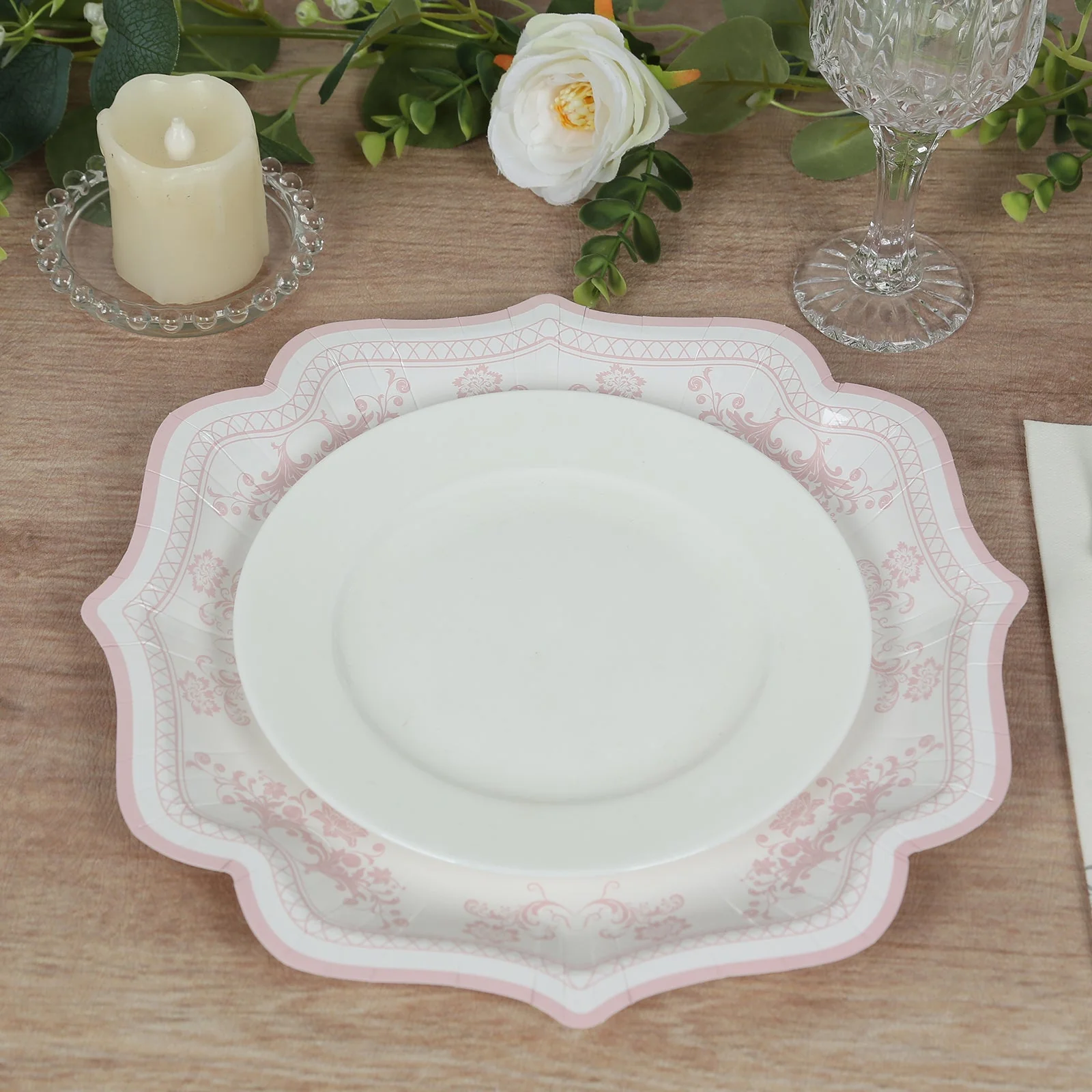 25-Pack Paper Dessert Plates 8" White with Pink Damask Floral Print & Scallop Rim - 300GSM Disposable Floral Salad Appetizer Plates - Image 4