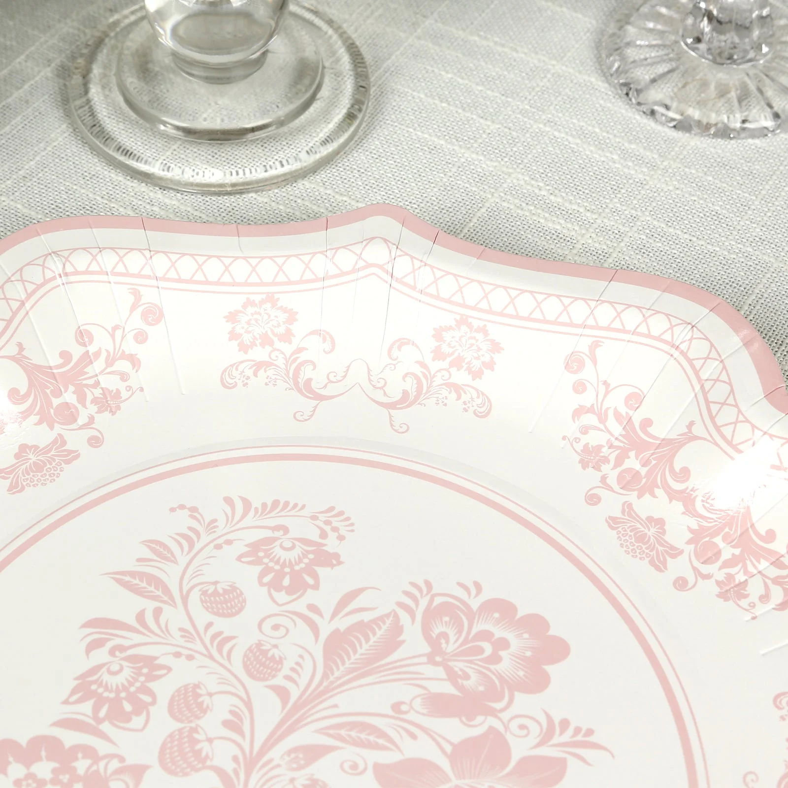 25-Pack Paper Dessert Plates 8" White with Pink Damask Floral Print & Scallop Rim - 300GSM Disposable Floral Salad Appetizer Plates - Image 7
