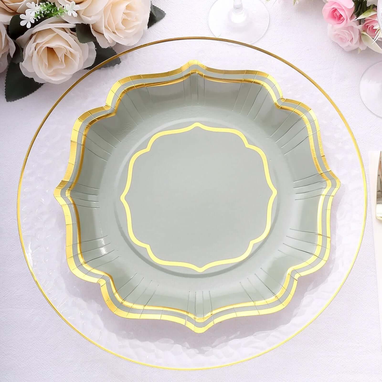 25-Pack Paper Dinner Plates 10" Sage Green with Gold Scallop Rim - 300GSM Disposable Party Plates - Image 4